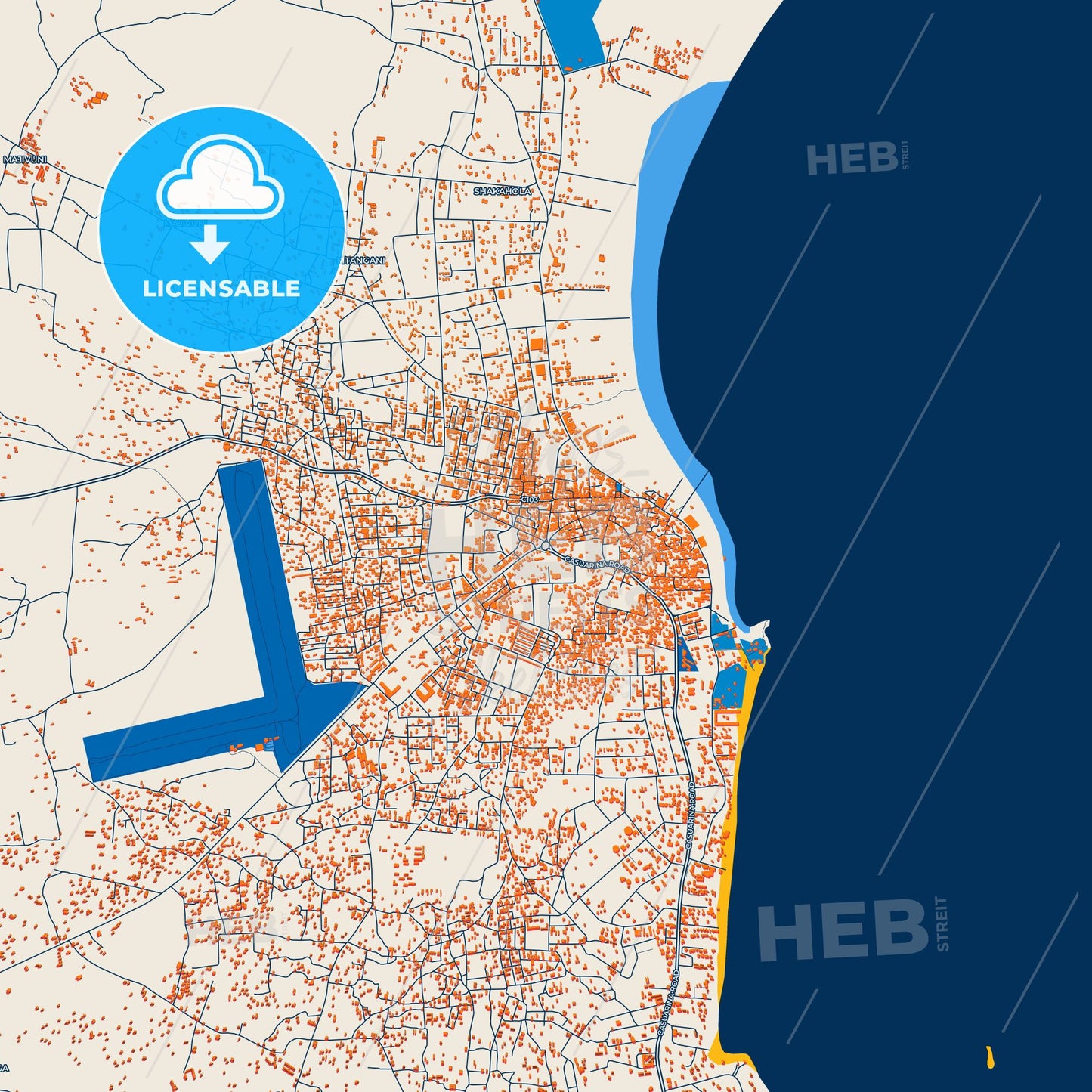 Colorful Malindi Street Map with Labels and Buildings