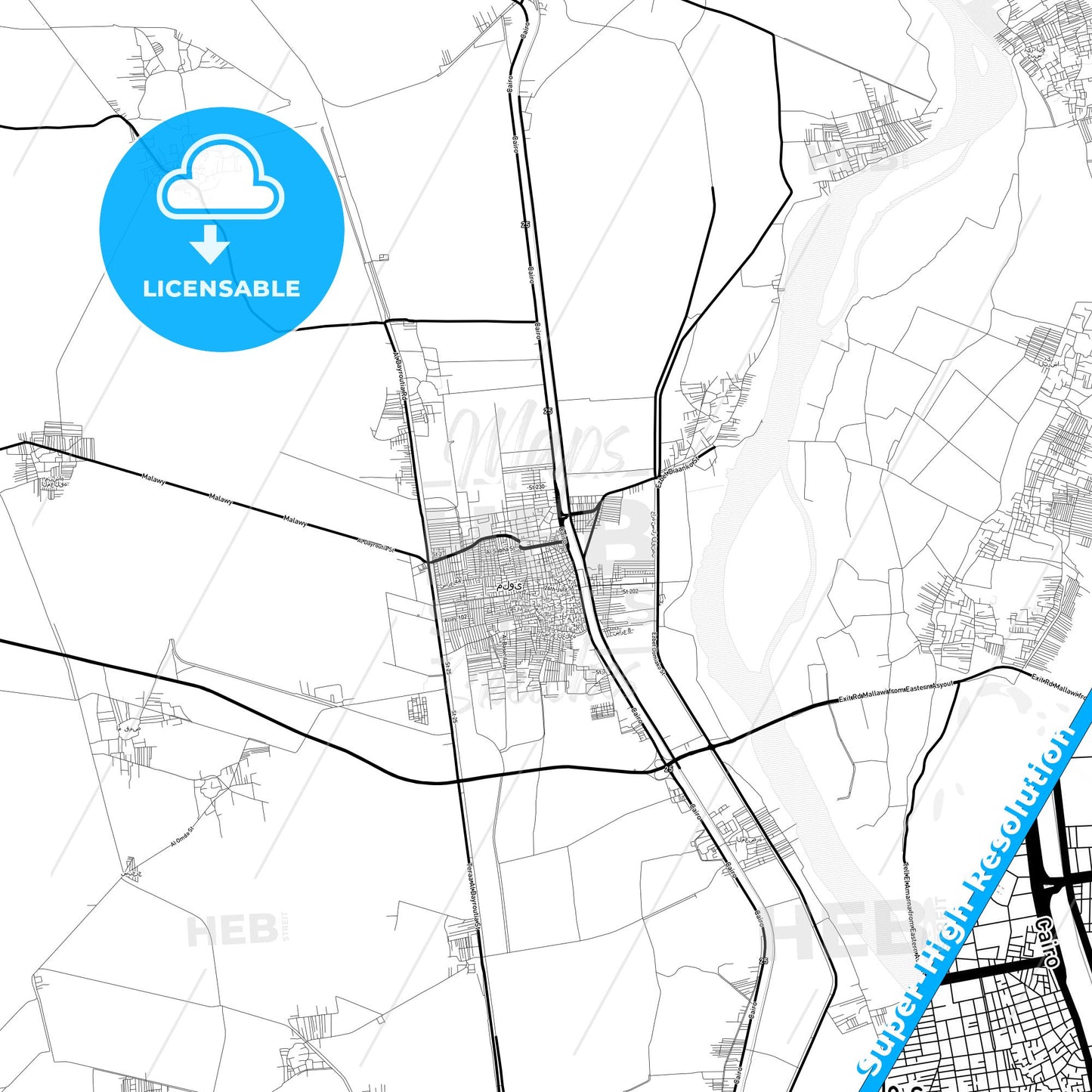 Mallawi, Egypt Light Map with Street Names, City Names, and Districts