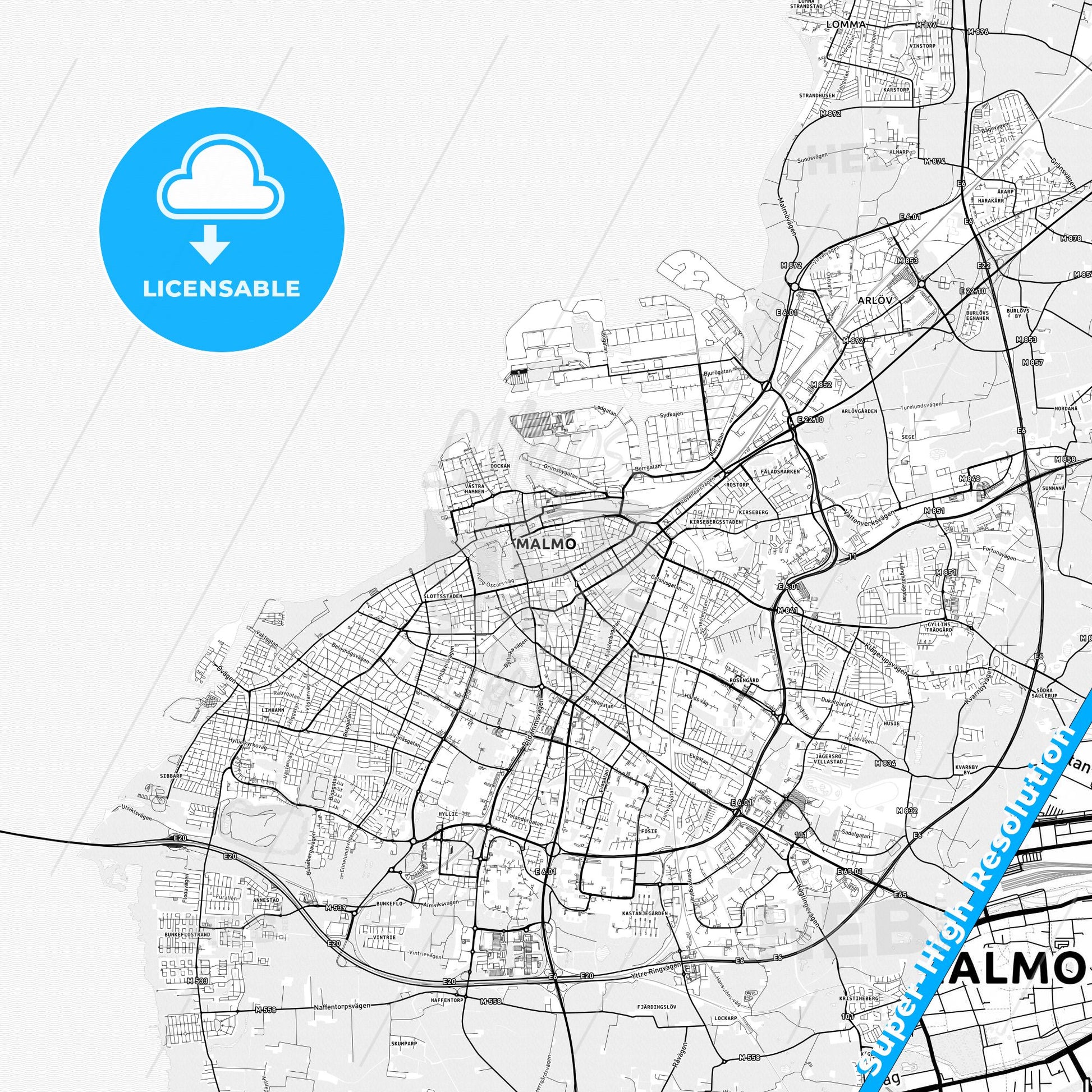 Malmö, Sweden light map with streetnames, citynames and districts