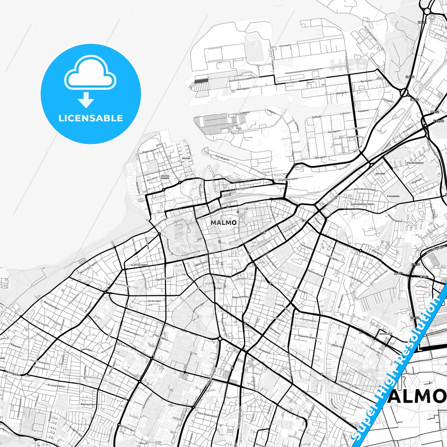 Malmö, Sweden Light Map with Street Names, City Names, and Districts
