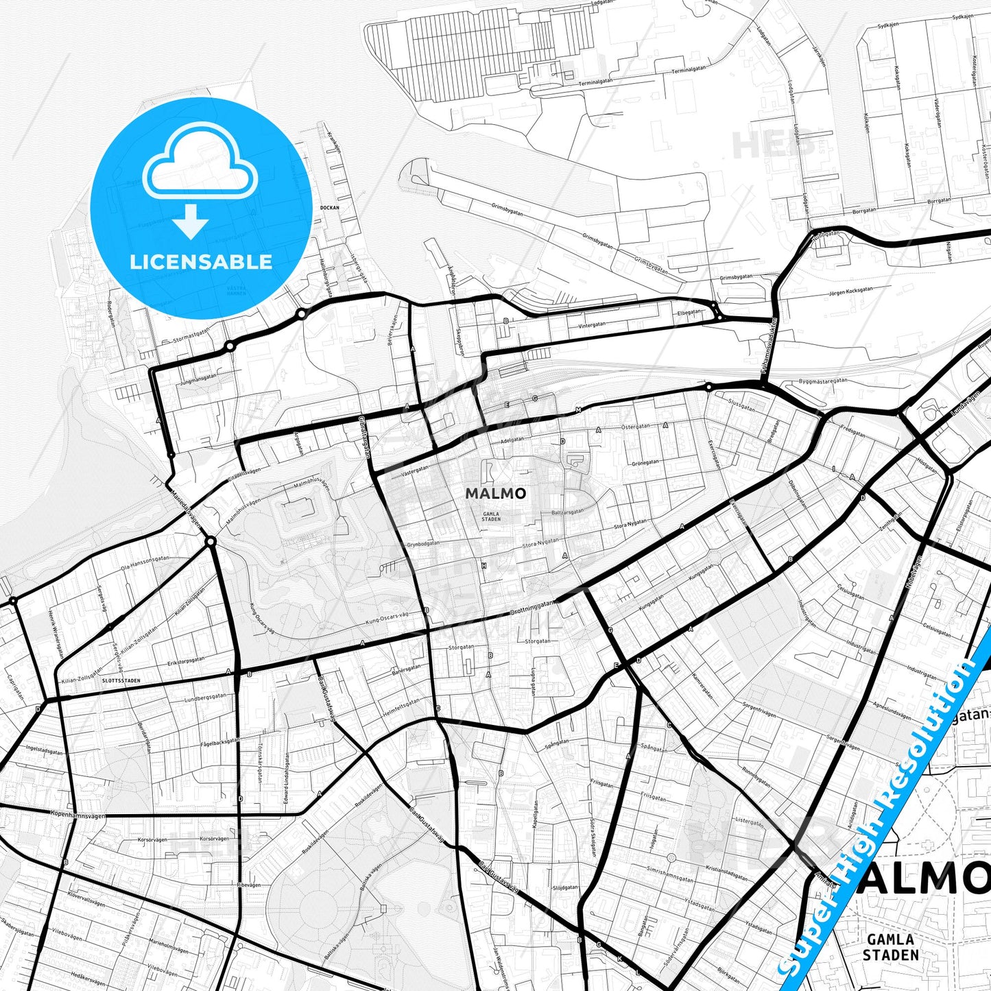 Malmö, Sweden Light Map with Street Names, City Names, and Districts