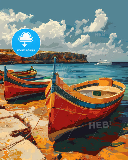 Malta Europe Boats Colorful Artwork Watercolor Sailing Ships Mediterranean Vacation European Travel Art