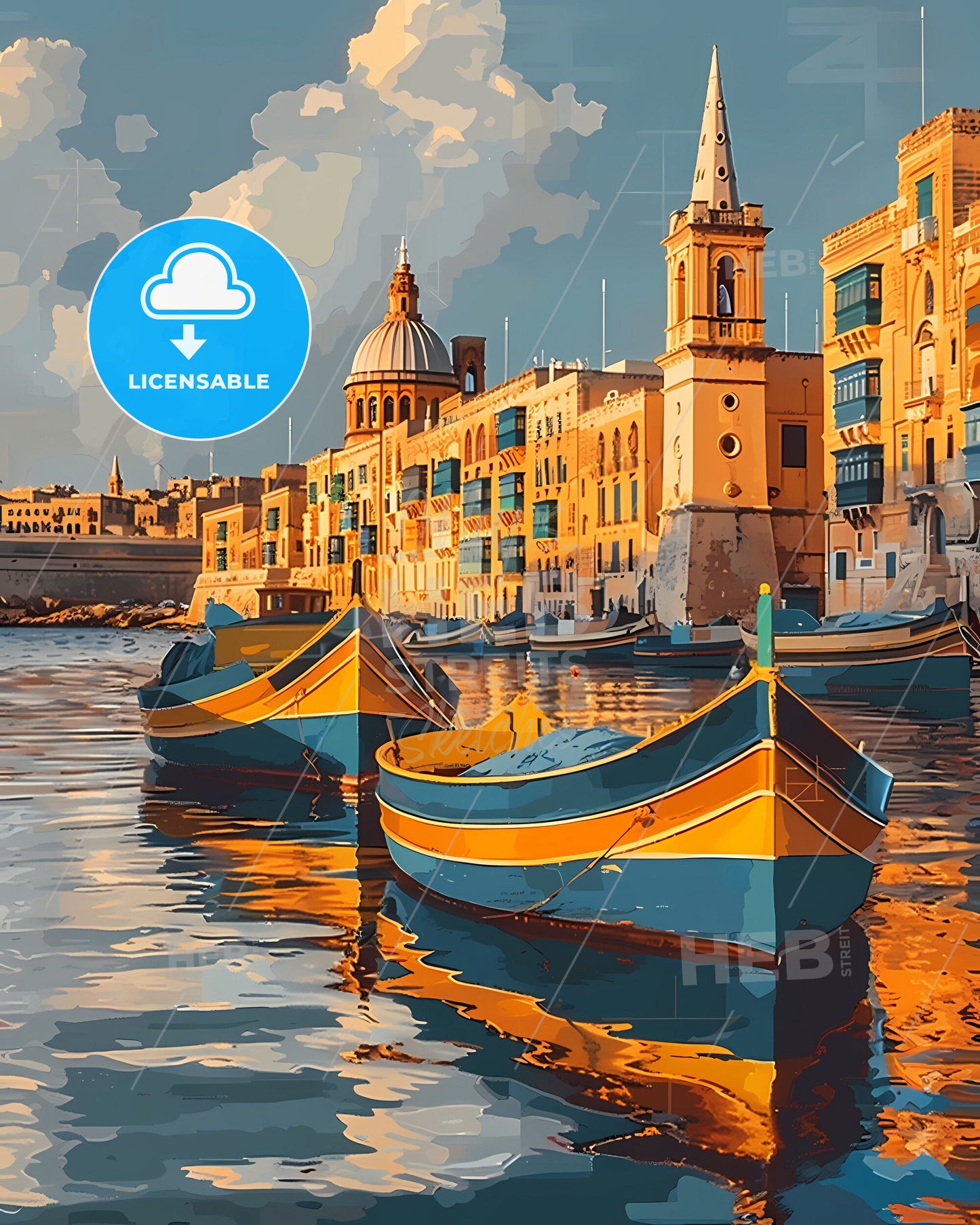 Malta Art, Boats, Building, Europe, Painting, Sea, Water