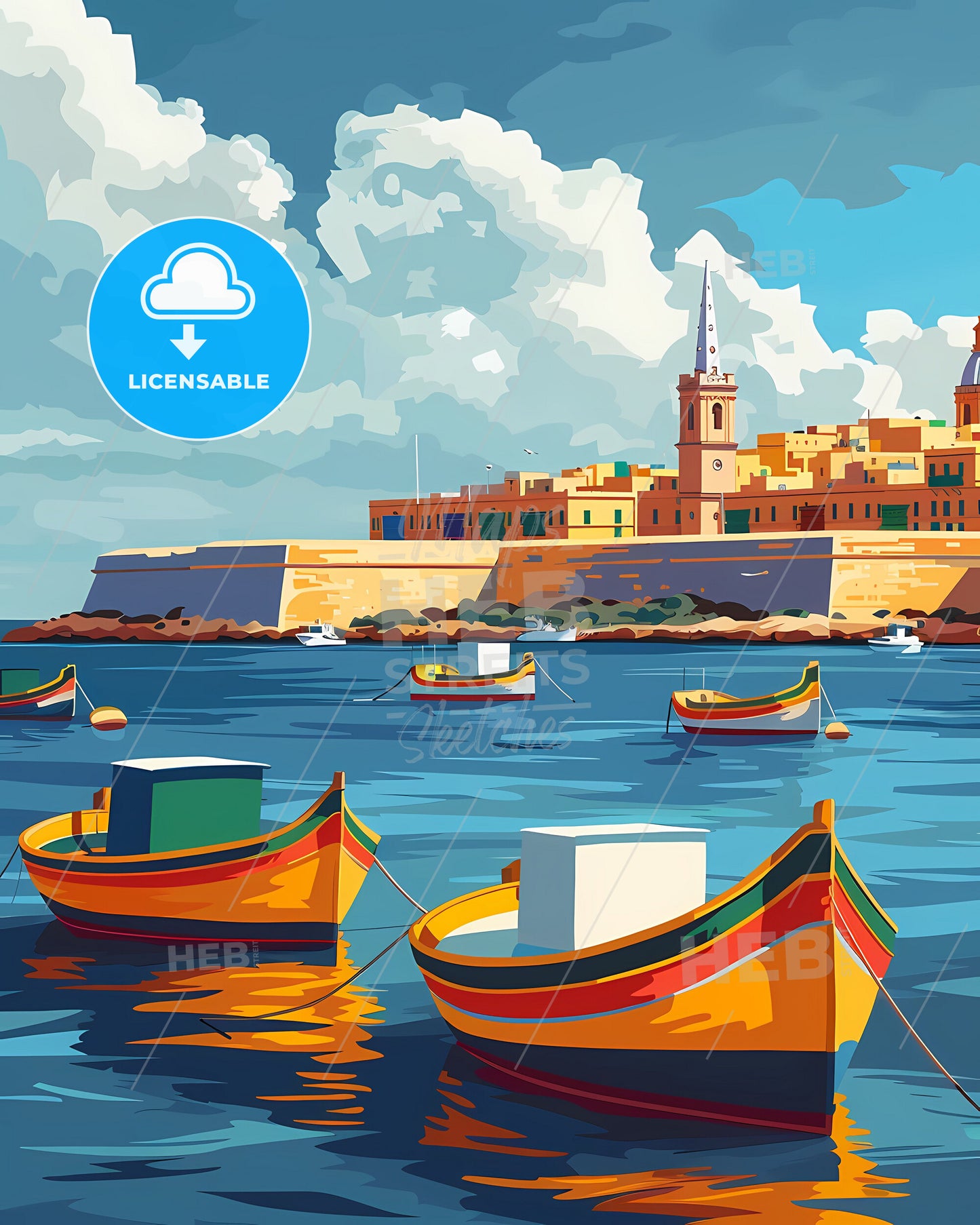 Malta, Europe: Calm Sea Castle Port Boats Painting Vibrant Art Cityscape