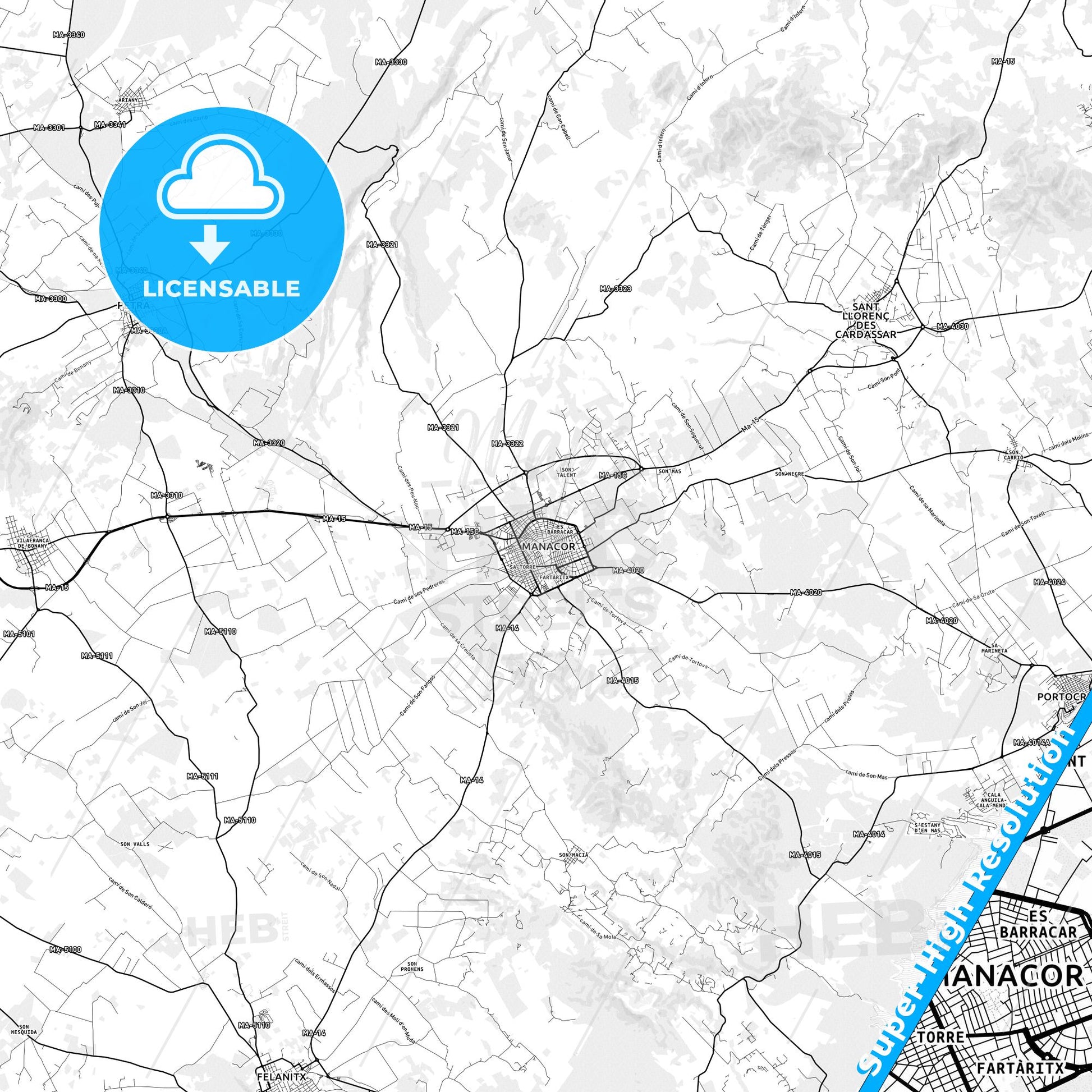 Manacor, Spain light map with streetnames, citynames and districts