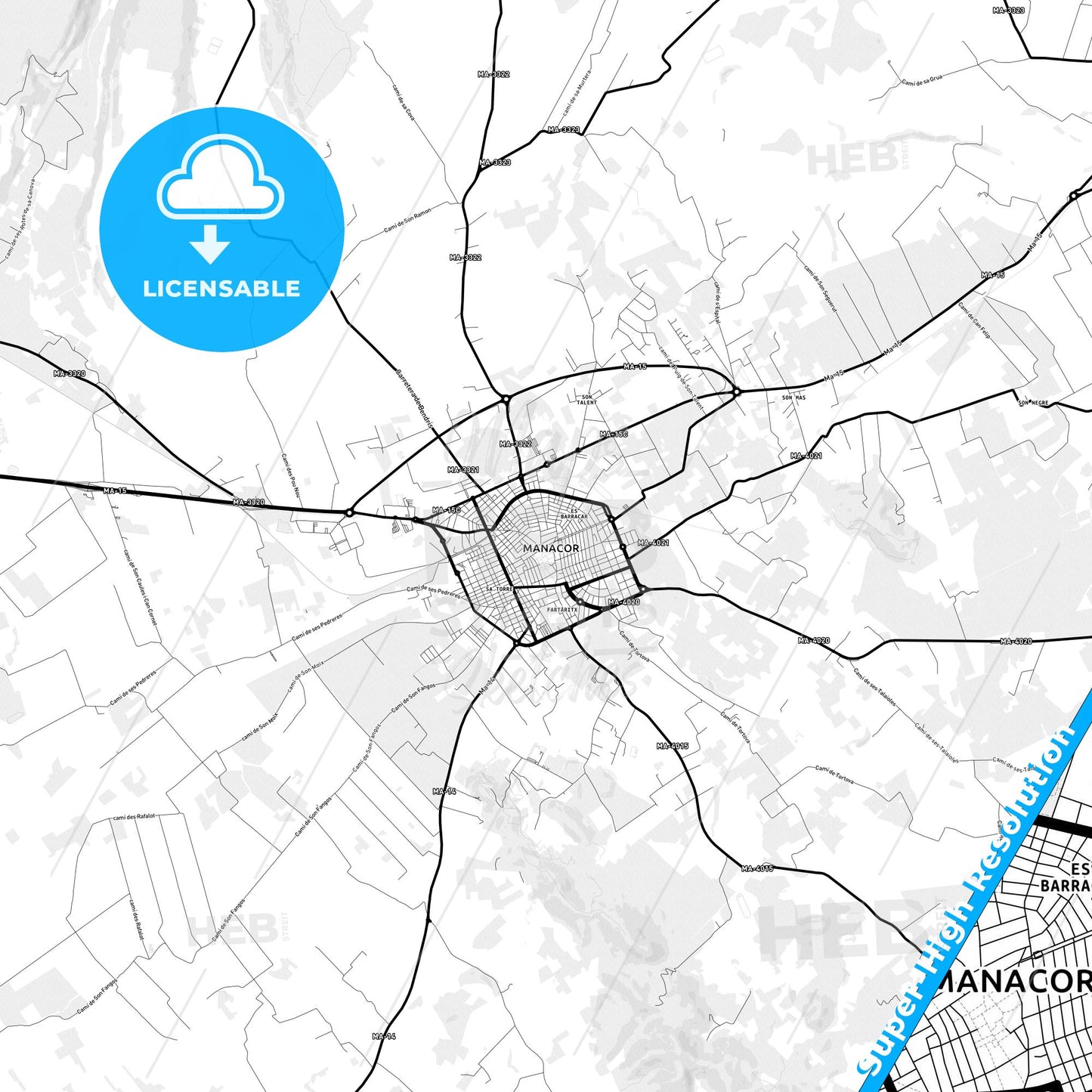 Manacor, Spain Light Map with Street Names, City Names, and Districts