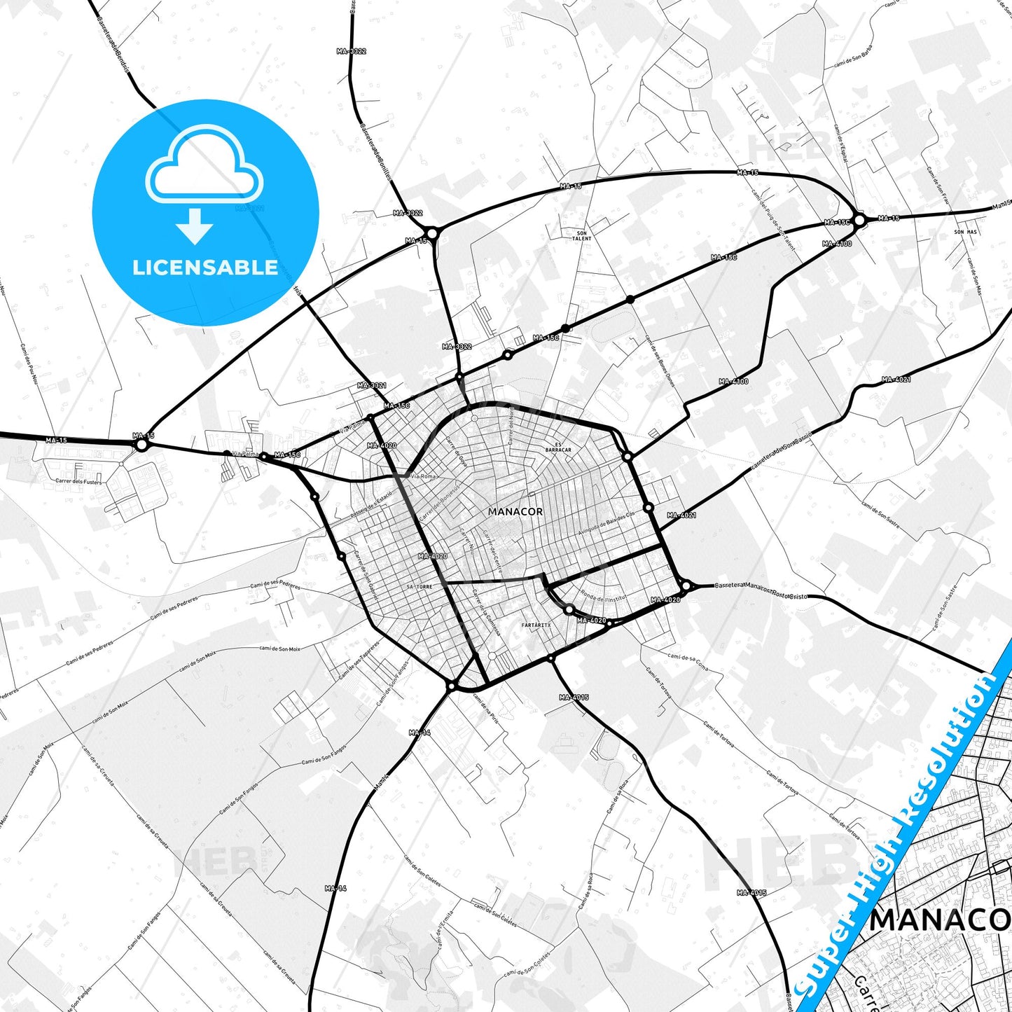 Manacor, Spain Light Map with Street Names, City Names, and Districts