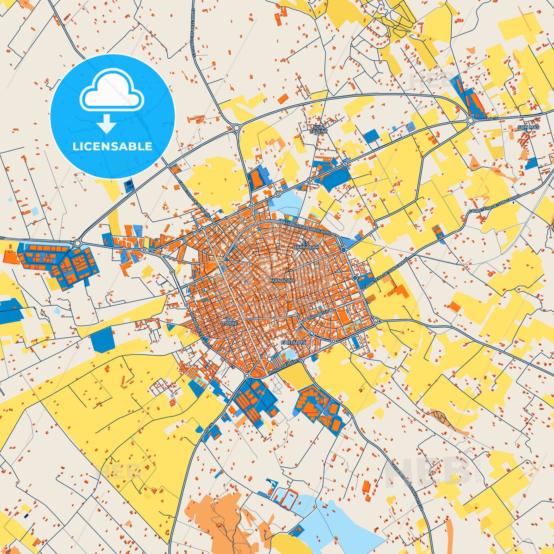 Colorful Manacor Street Map with Labels and Buildings
