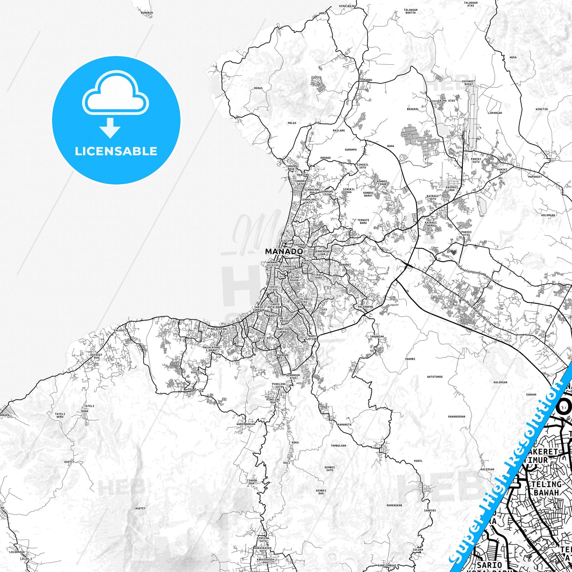 Manado, Indonesia light map with streetnames, citynames and districts