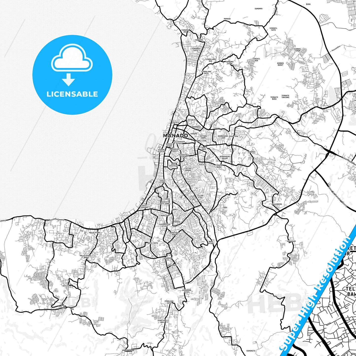 Manado, Indonesia Light Map with Street Names, City Names, and Districts
