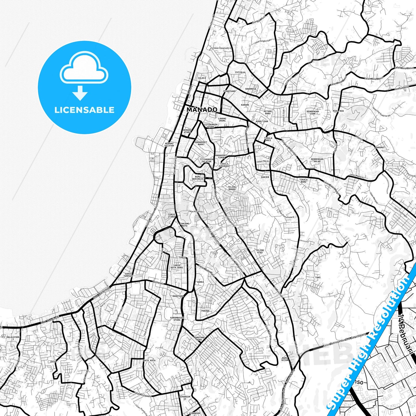 Manado, Indonesia Light Map with Street Names, City Names, and Districts