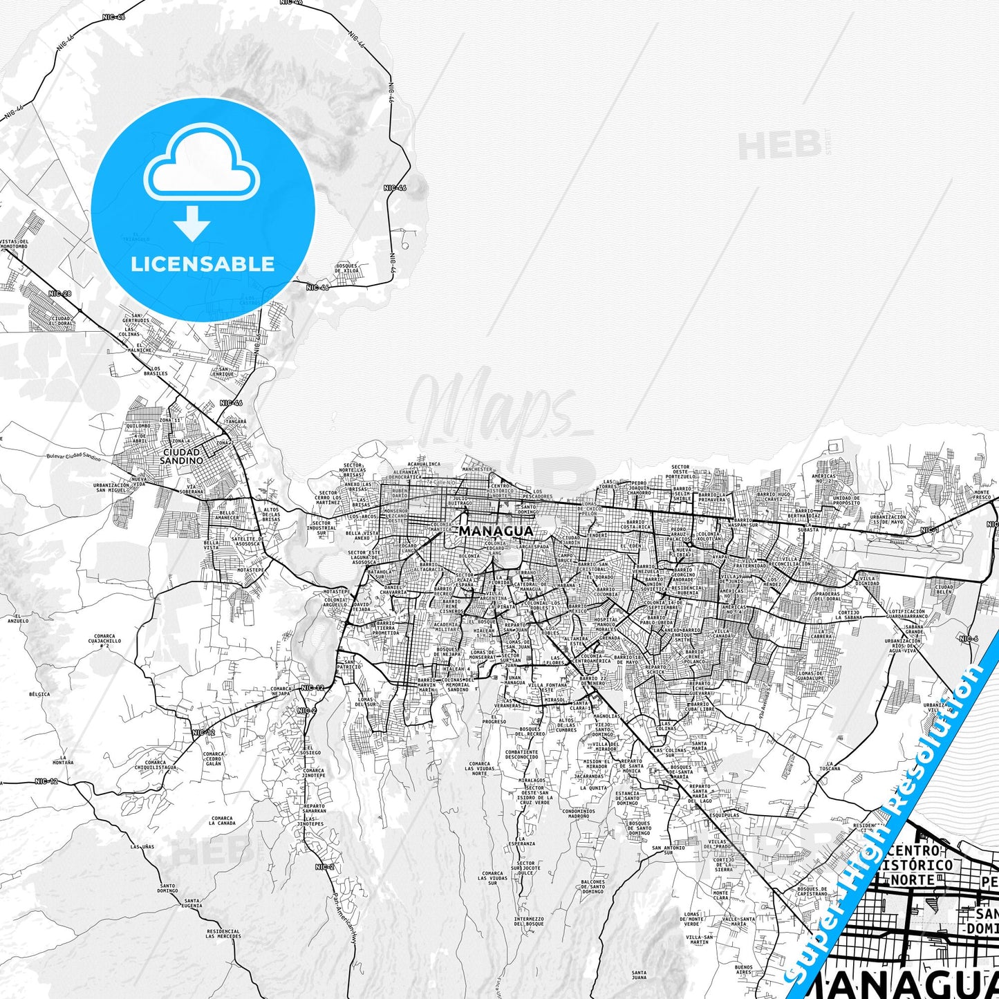 Managua, Nicaragua light map with streetnames, citynames and districts