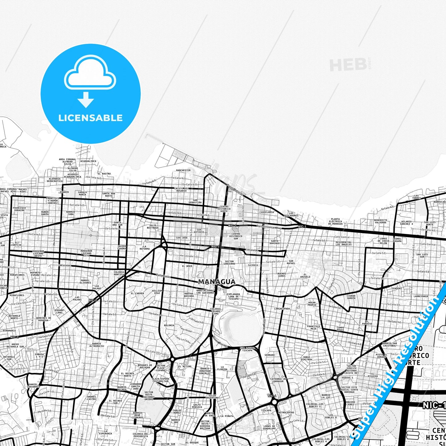Managua, Nicaragua Light Map with Street Names, City Names, and Districts
