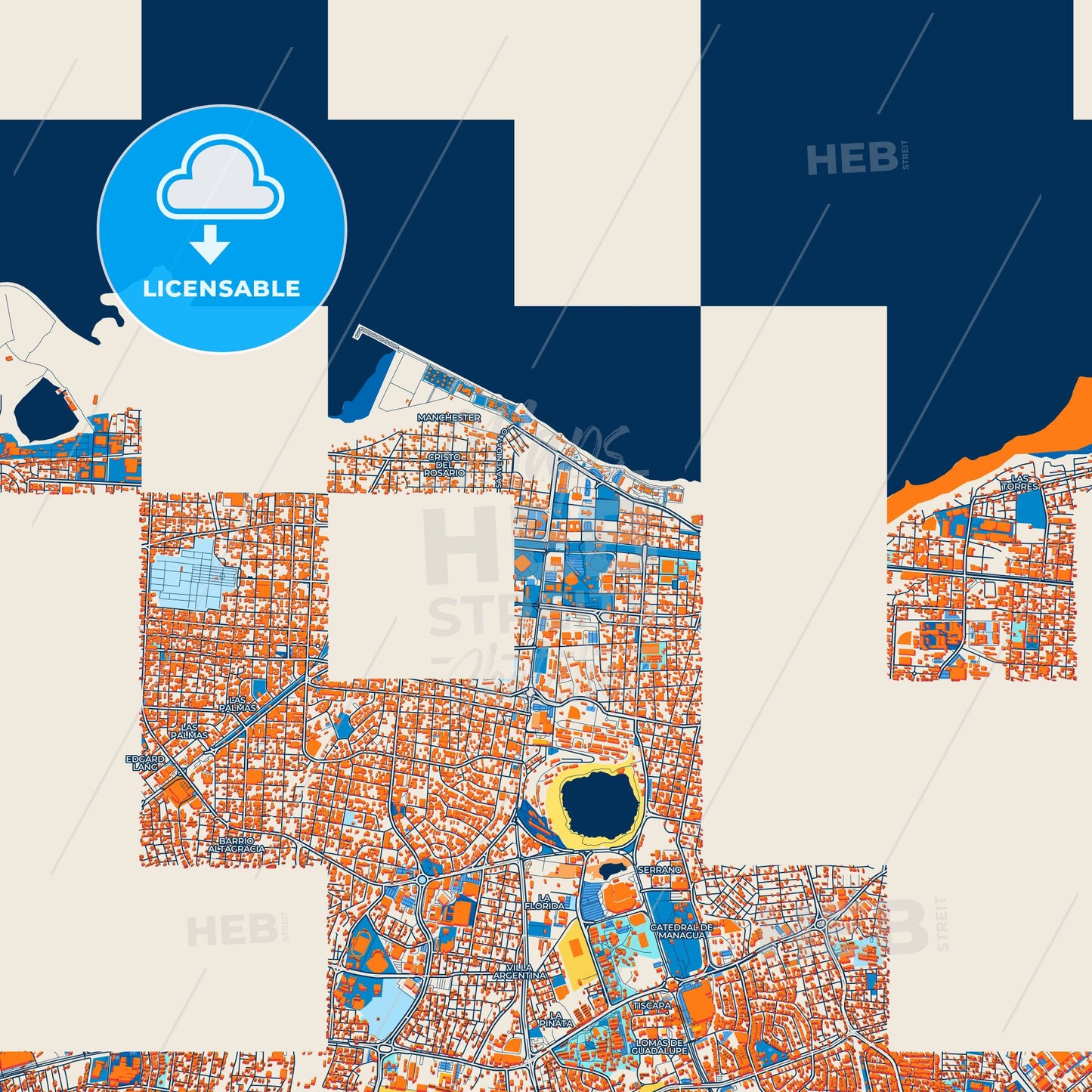 Colorful Managua Street Map with Labels and Buildings
