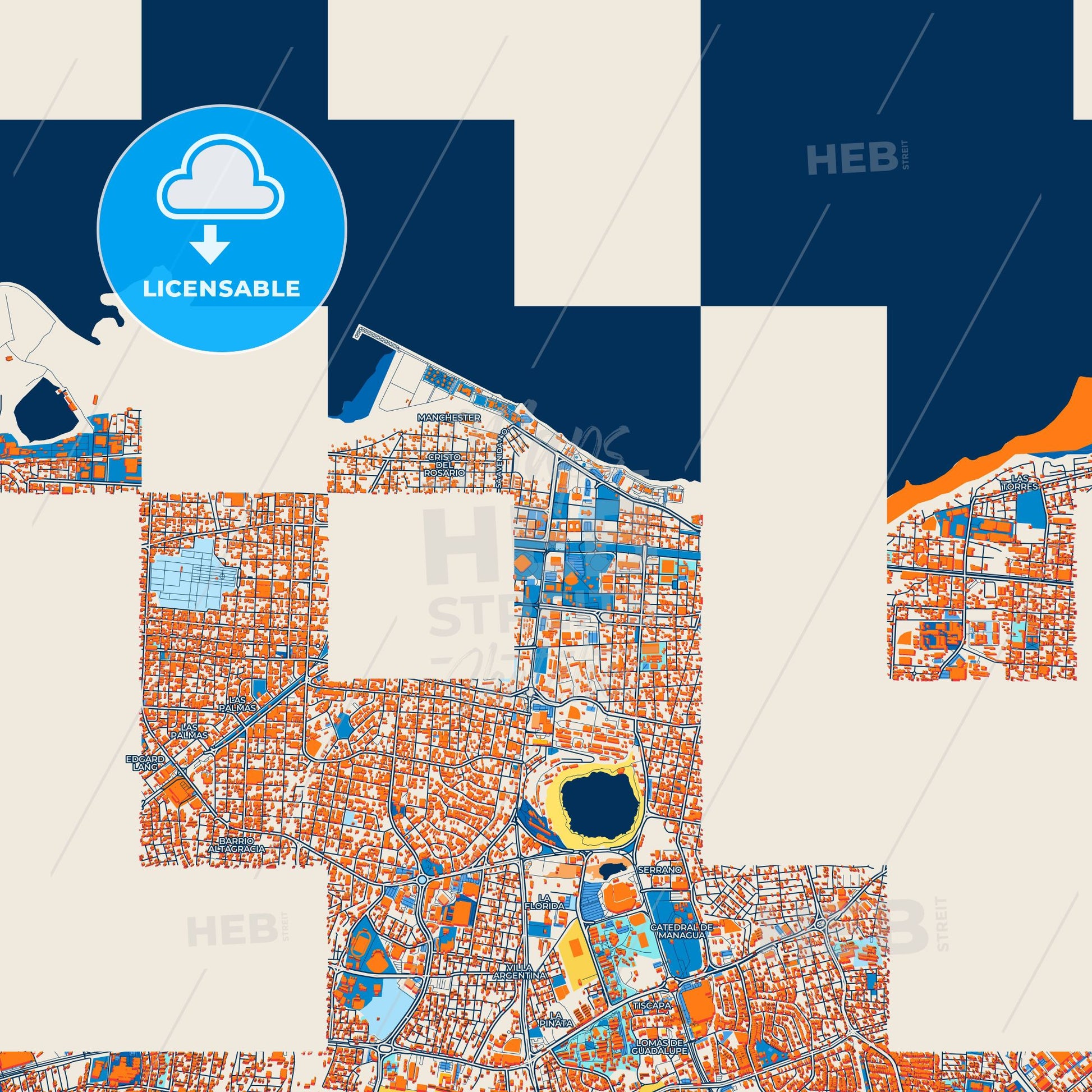 Colorful Managua Street Map with Labels and Buildings
