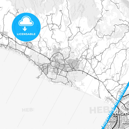 Manavgat, Turkey light map with streetnames, citynames and districts