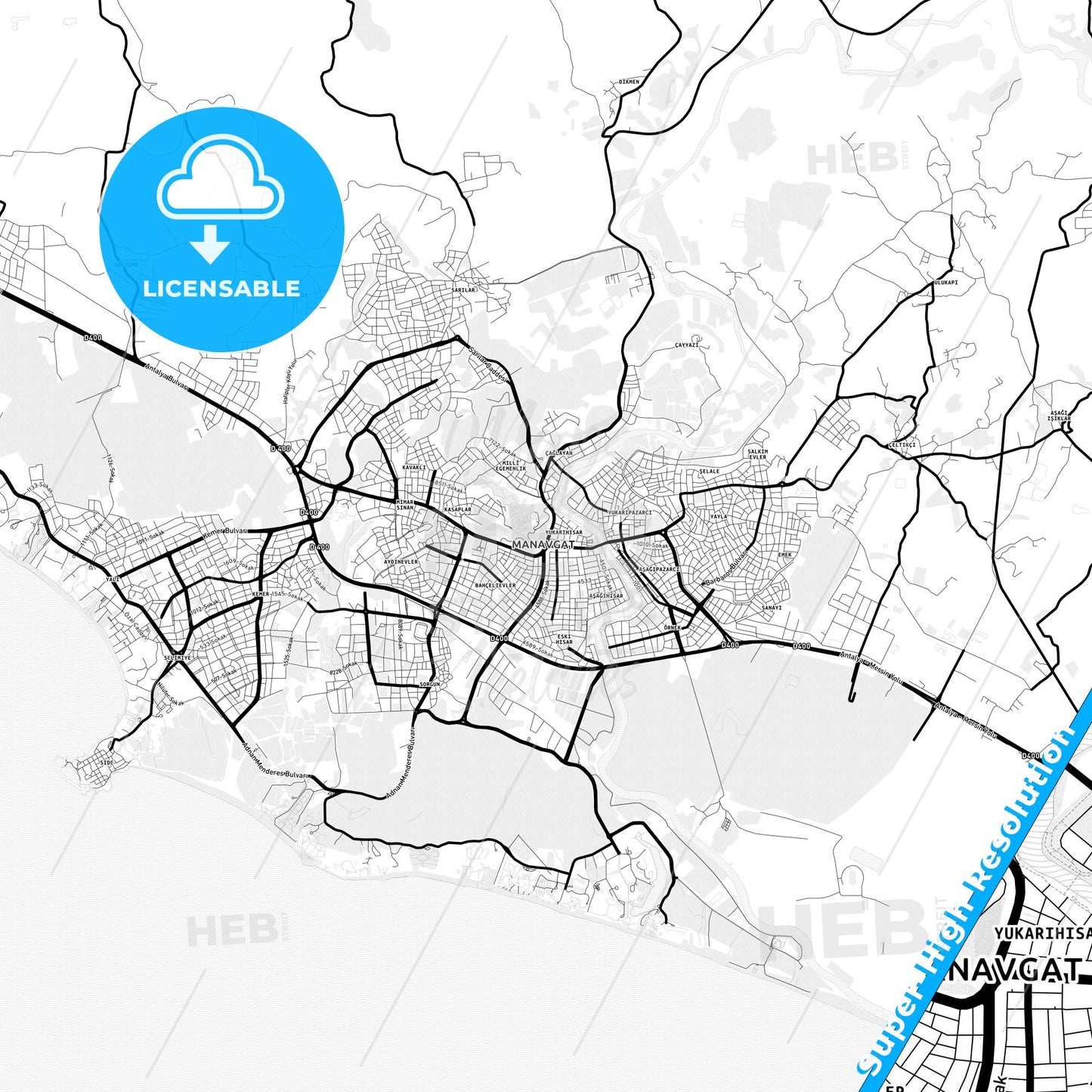 Manavgat, Turkey Light Map with Street Names, City Names, and Districts