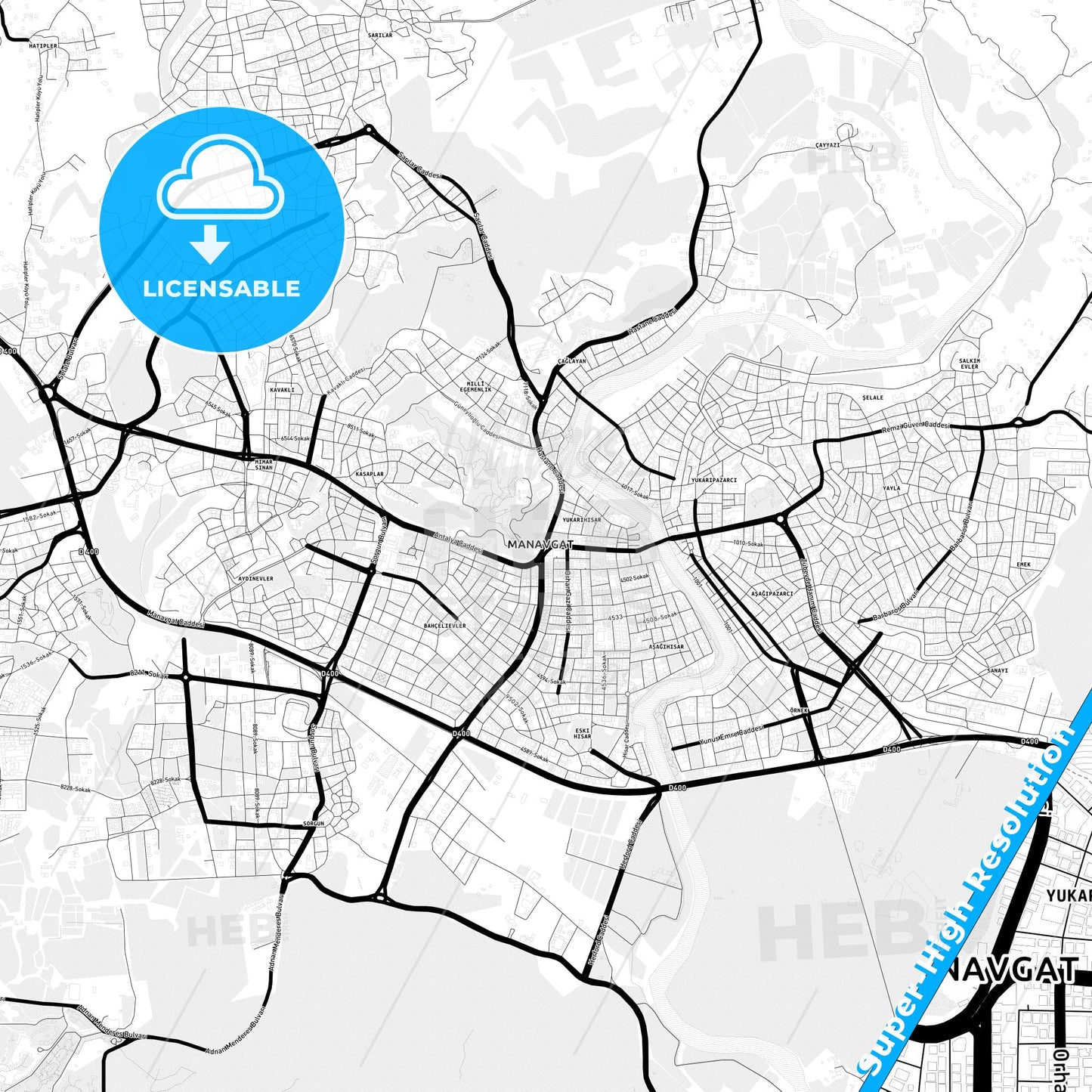 Manavgat, Turkey Light Map with Street Names, City Names, and Districts