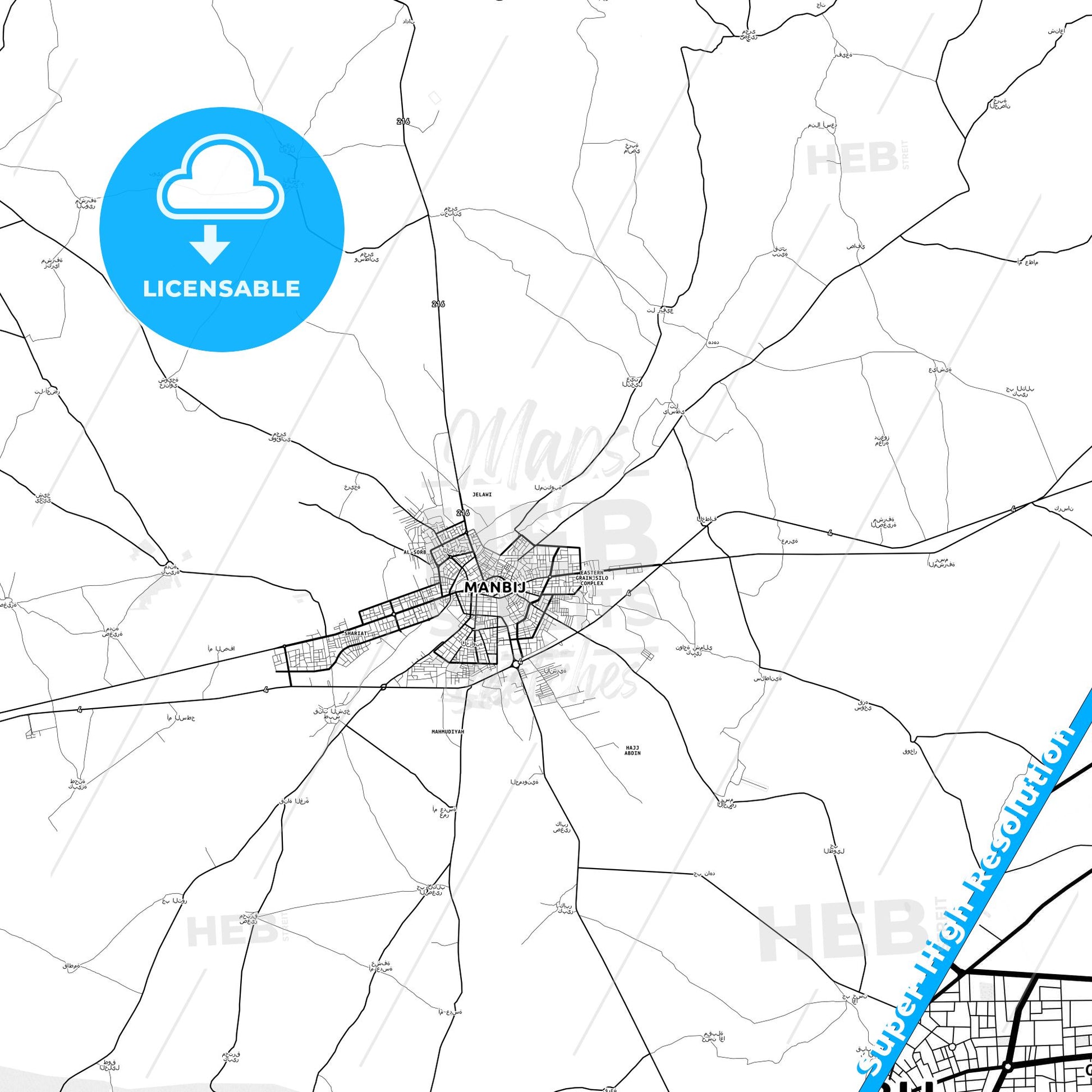 Manbij, Syria light map with streetnames, citynames and districts