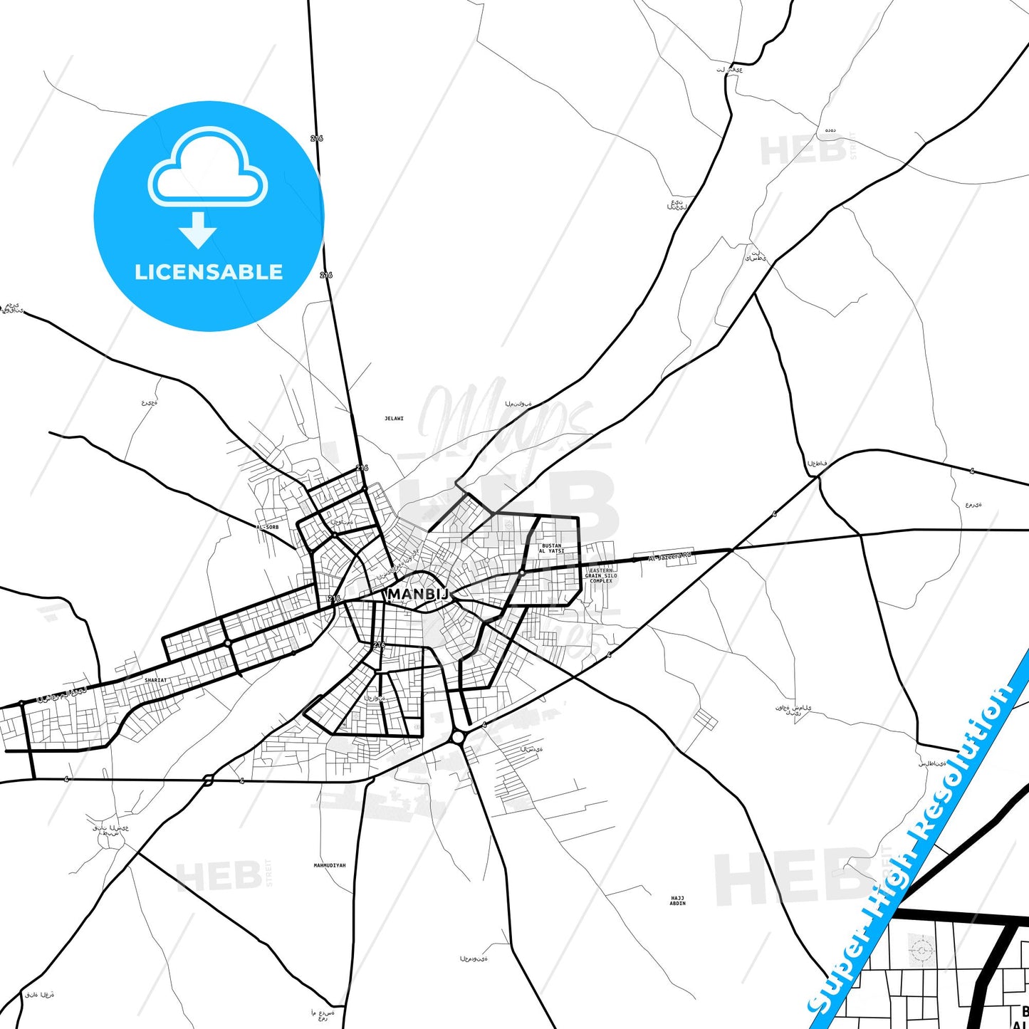 Manbij, Syria Light Map with Street Names, City Names, and Districts
