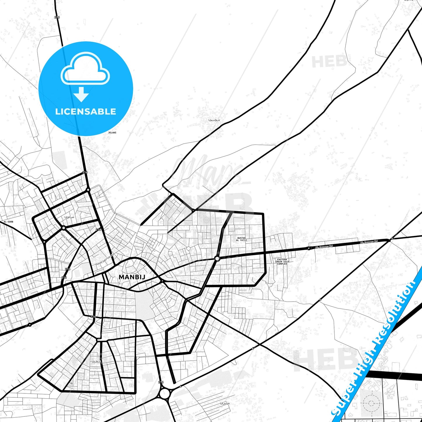 Manbij, Syria Light Map with Street Names, City Names, and Districts
