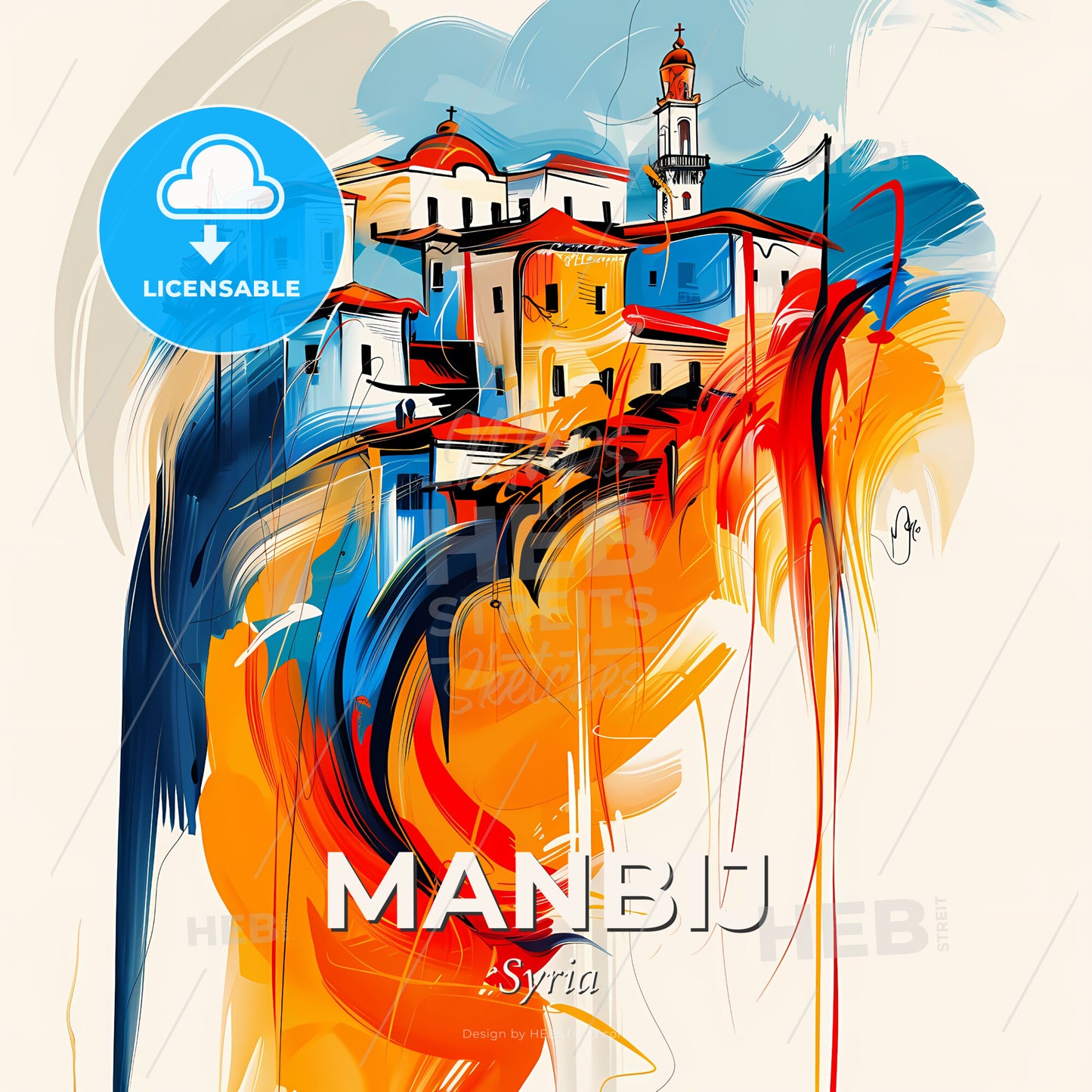 Vibrant Manbij, Syria - A Painting Of A Colorful City - Square format print template