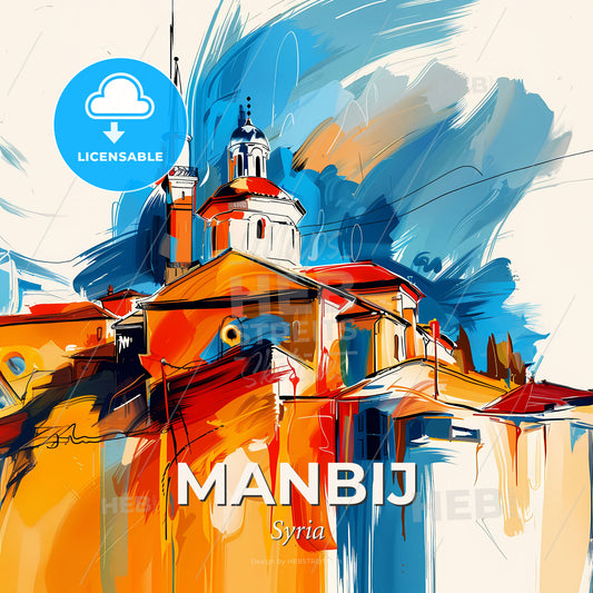 Vibrant Manbij, Syria - A Painting Of A Building - Square format print template