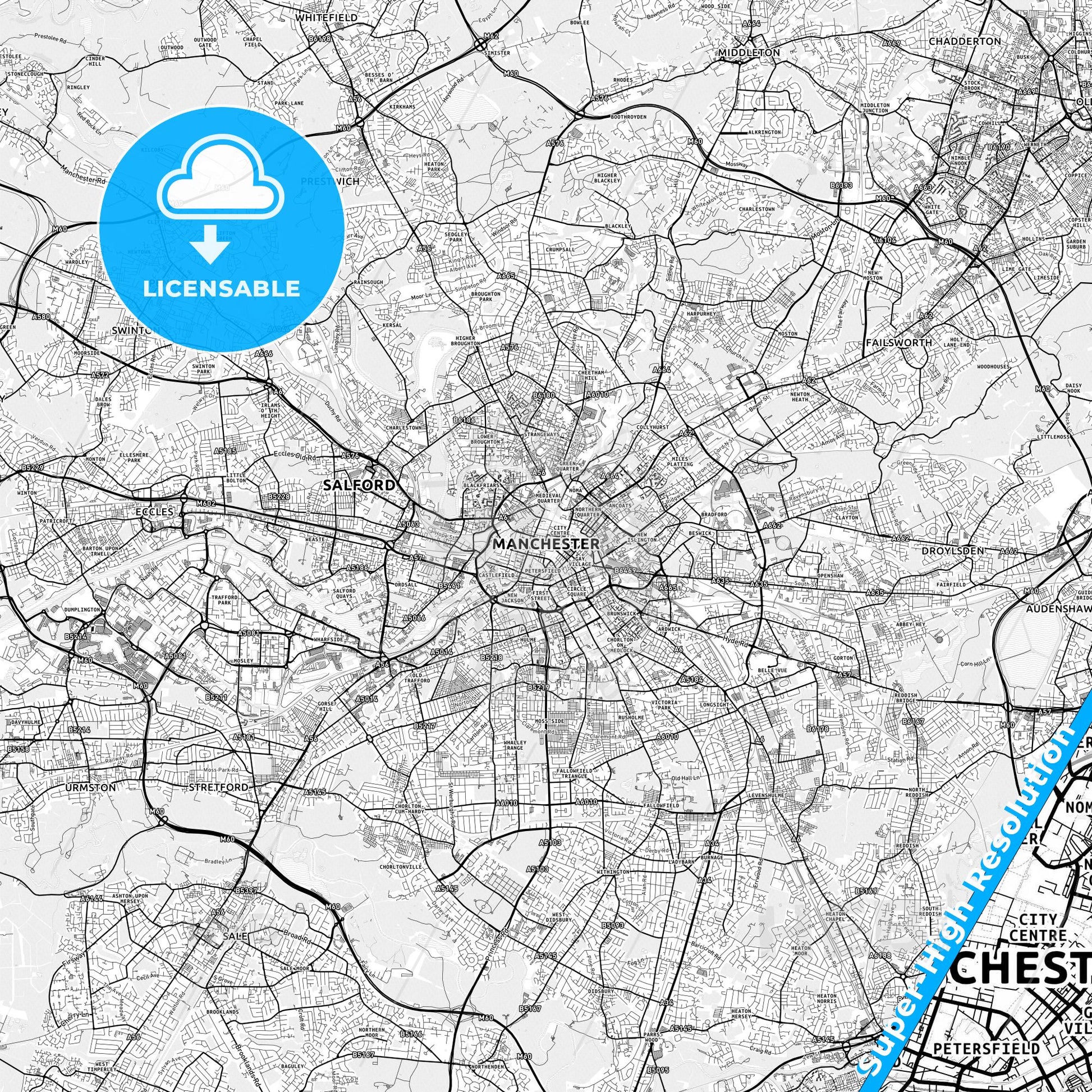 Manchester, England light map with streetnames, citynames and districts