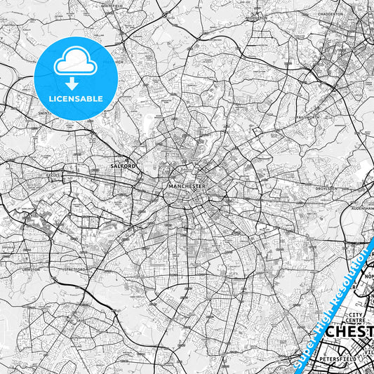 Manchester, England light map with streetnames, citynames and districts