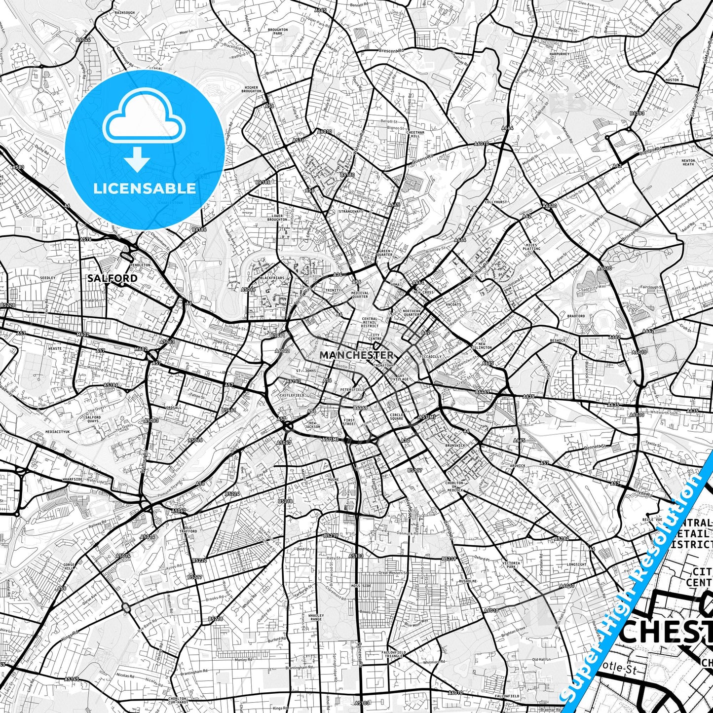Manchester, England Light Map with Street Names, City Names, and Districts