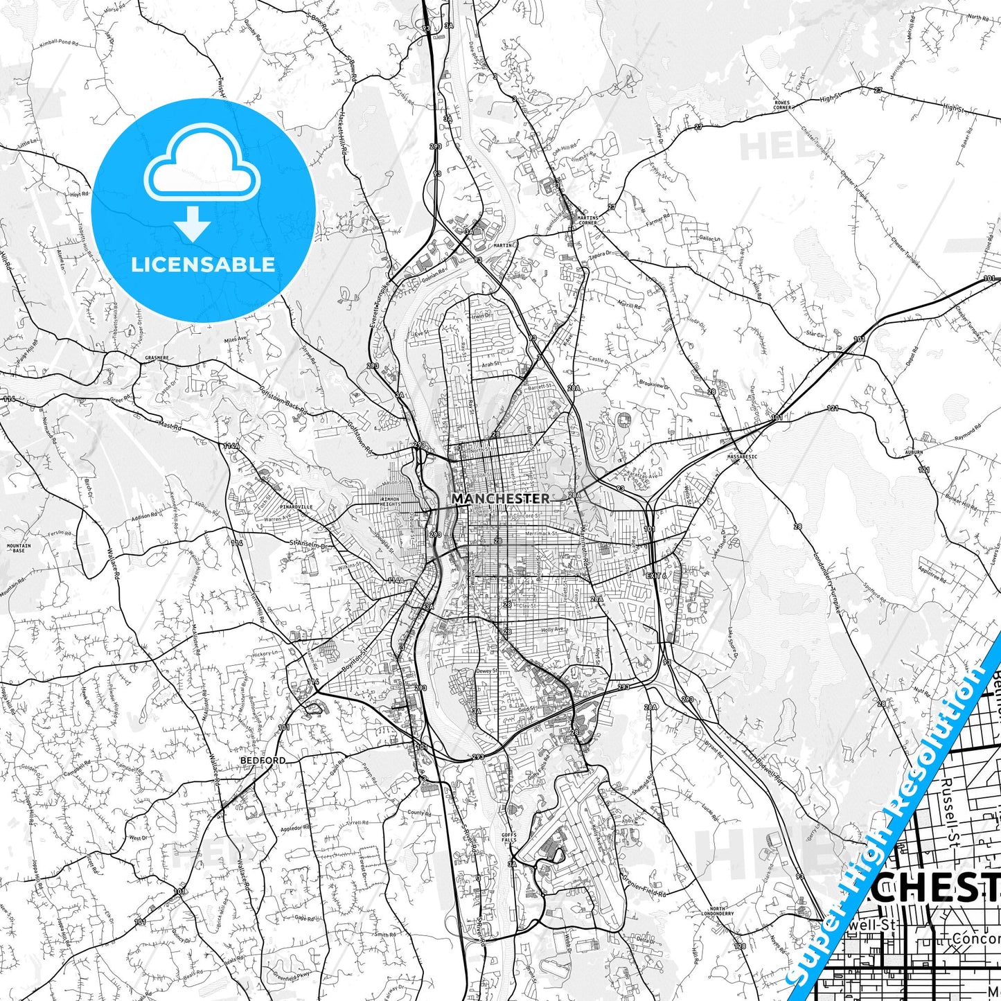 Manchester, New Hampshire light map with streetnames, citynames and districts