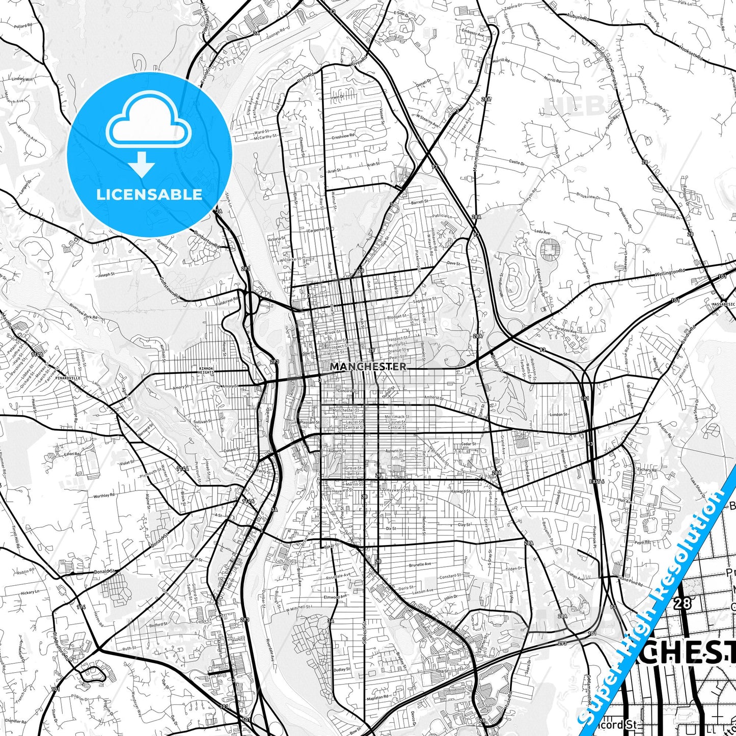 Manchester, New Hampshire Light Map with Street Names, City Names, and Districts