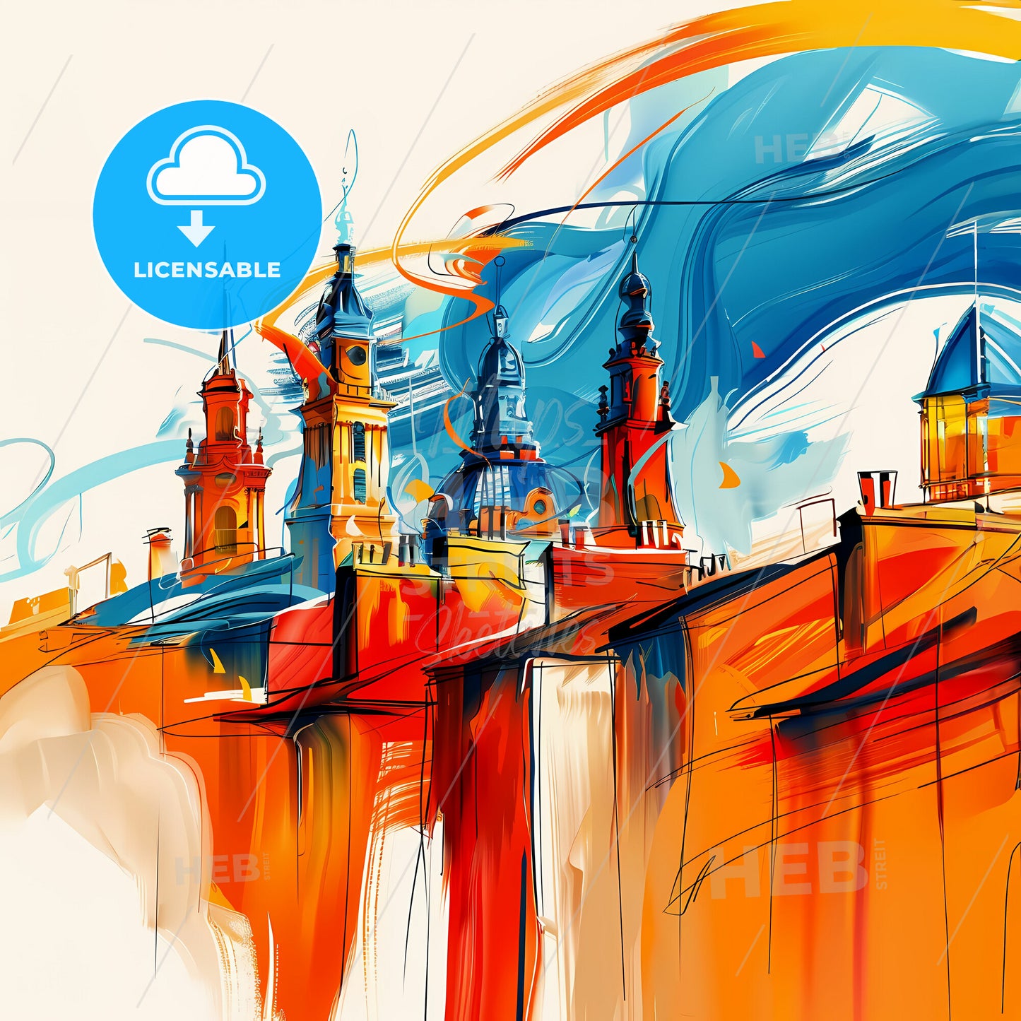 Vibrant Manchester, England - A Painting Of A Building With Towers And A Blue And Orange Background