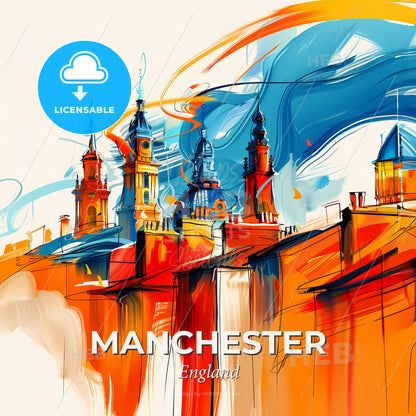 Vibrant Manchester, England - A Painting Of A Building With Towers And A Blue And Orange Background - Square format print template