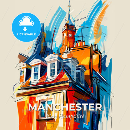 Vibrant Manchester, New Hampshire - A Painting Of A Building With A Clock Tower - Square format print template