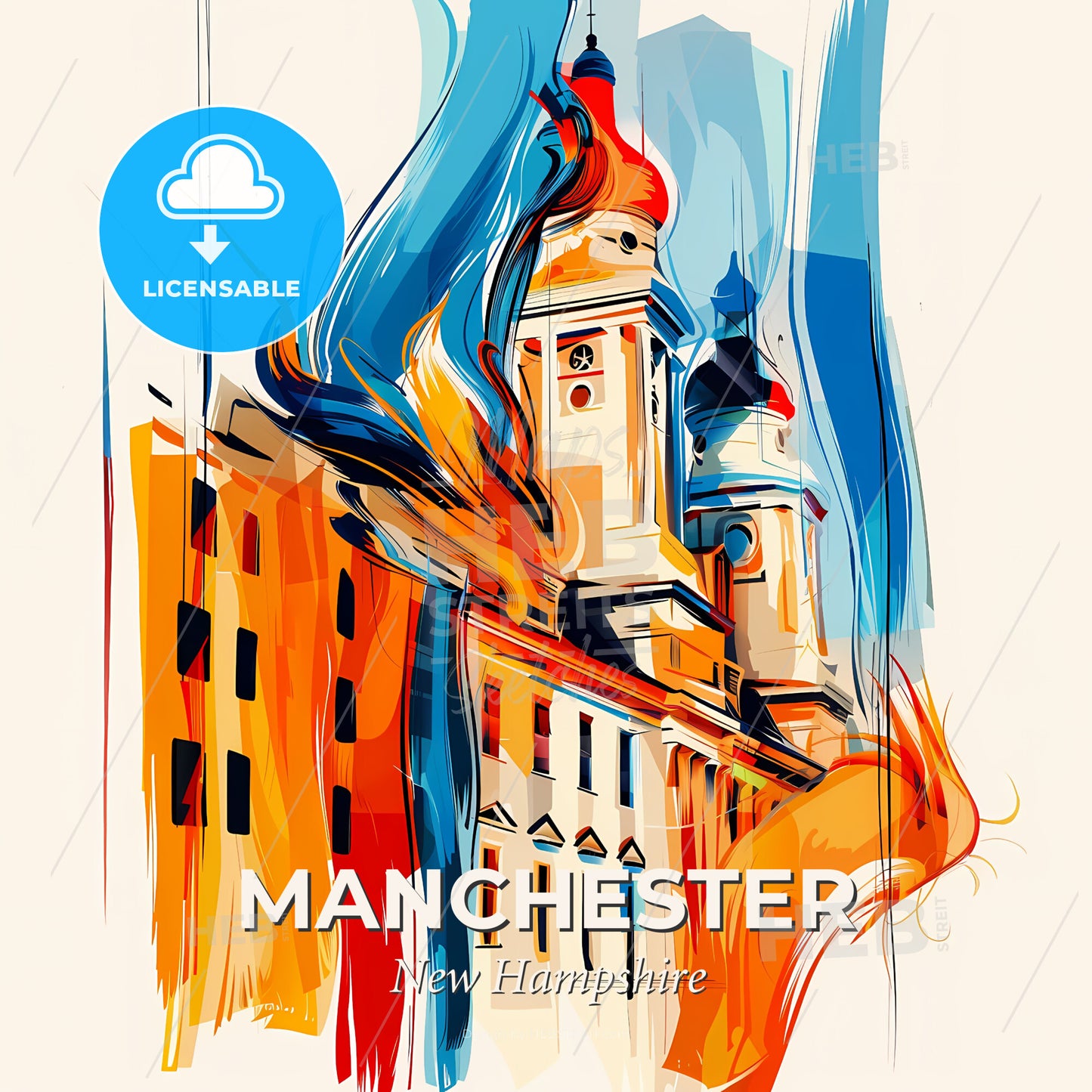 Vibrant Manchester, New Hampshire - A Painting Of A Building With A Tower And A Clock - Square format print template