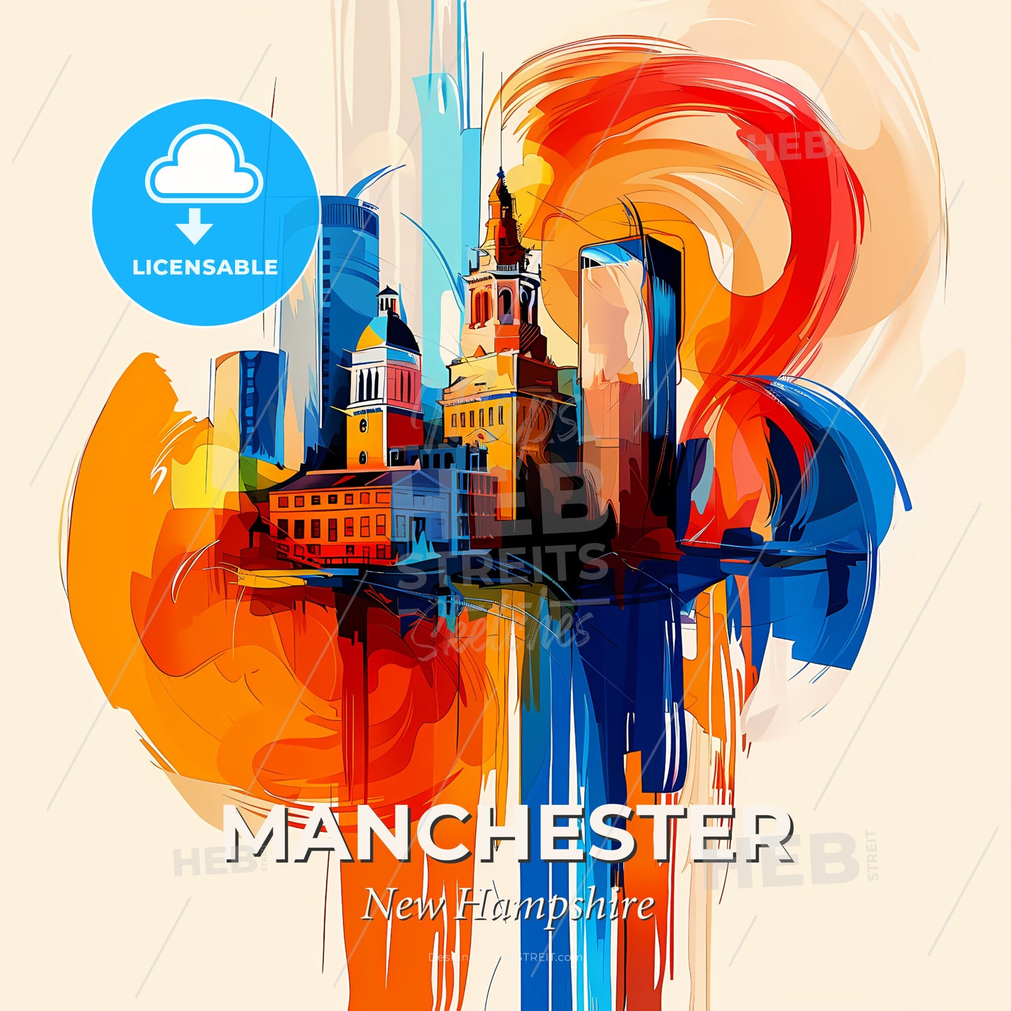 Vibrant Manchester, New Hampshire - A Colorful Painting Of A City - Square format print template