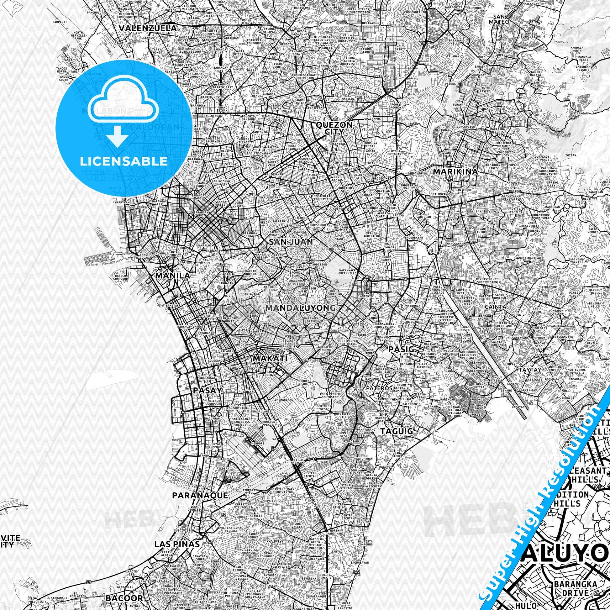 Mandaluyong, Philippines light map with streetnames, citynames and districts