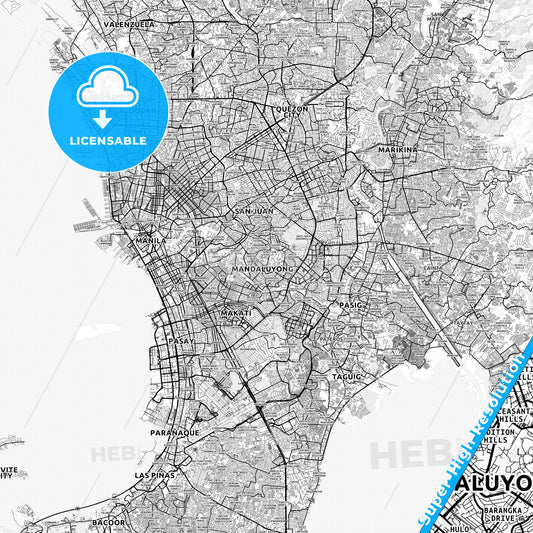 Mandaluyong, Philippines light map with streetnames, citynames and districts