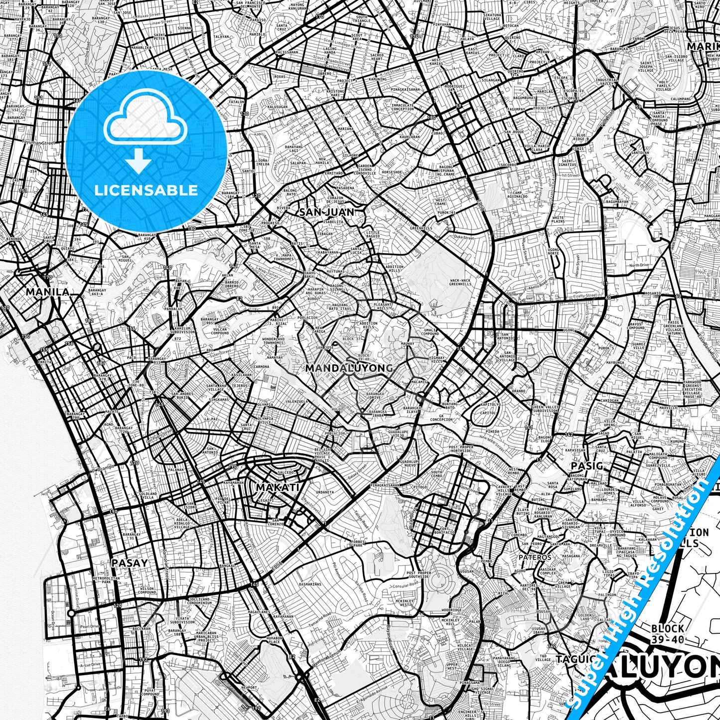 Mandaluyong, Philippines Light Map with Street Names, City Names, and Districts