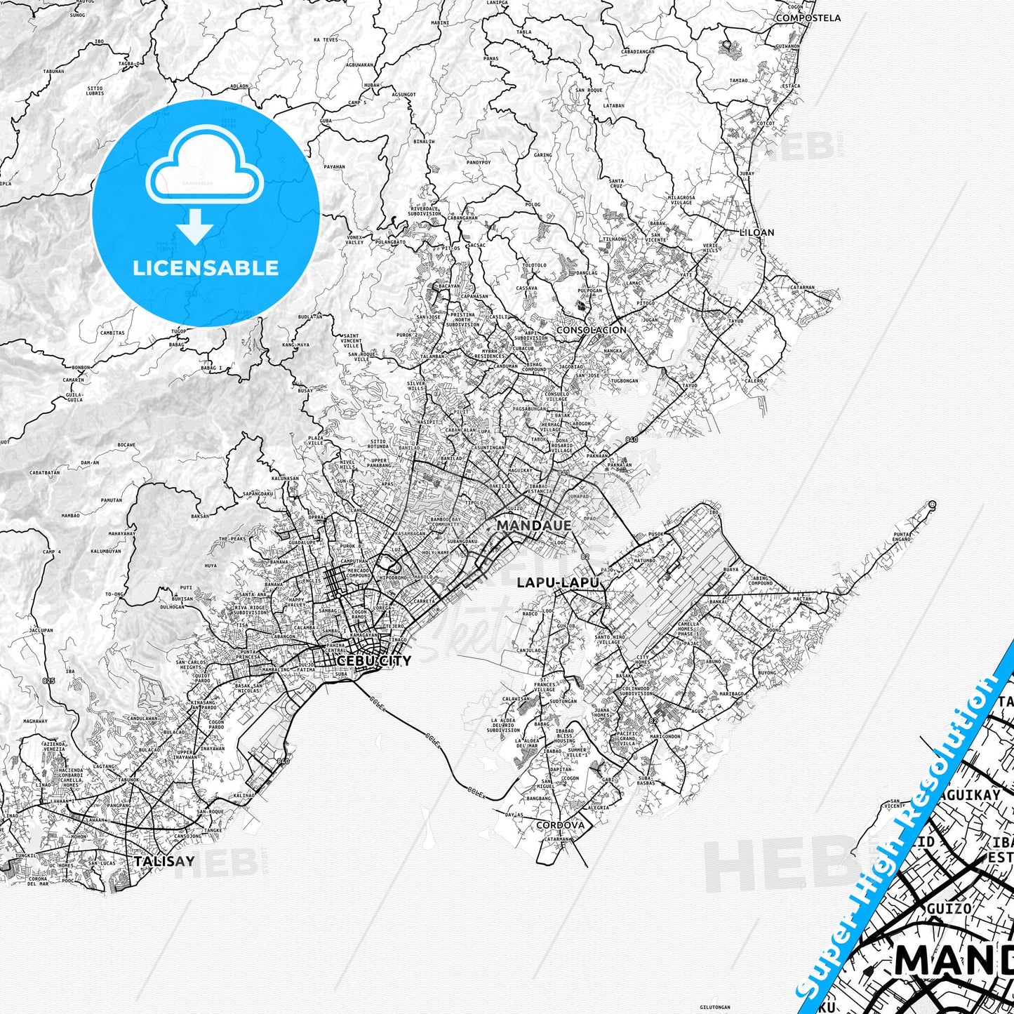 Mandaue, Philippines light map with streetnames, citynames and districts
