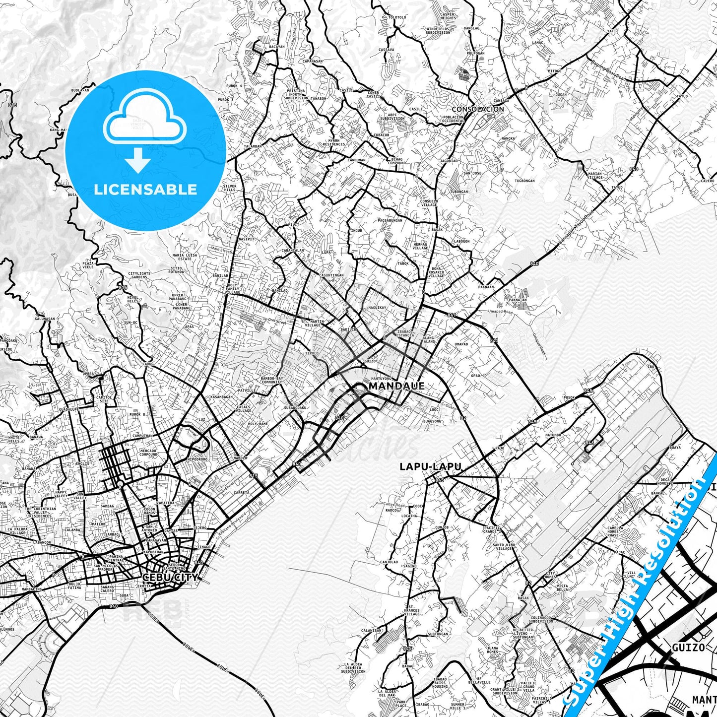 Mandaue, Philippines Light Map with Street Names, City Names, and Districts