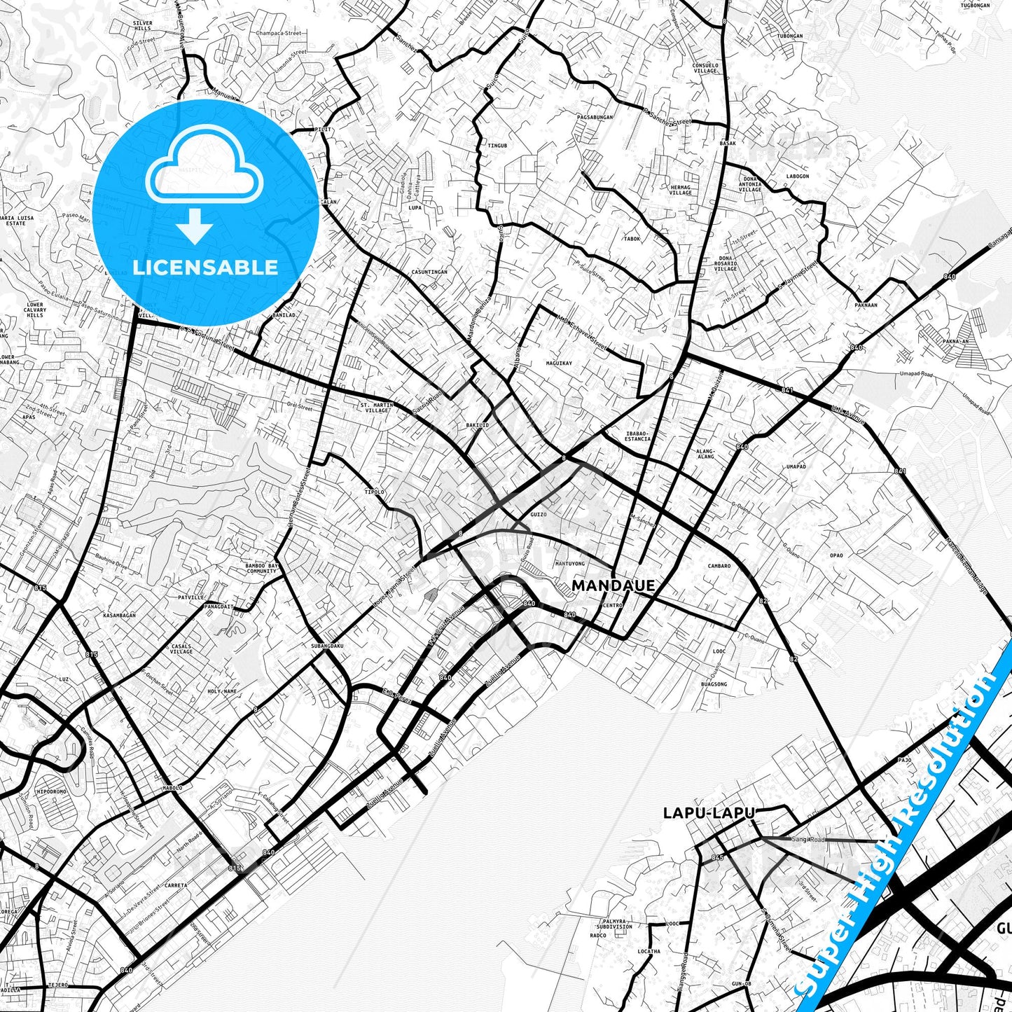 Mandaue, Philippines Light Map with Street Names, City Names, and Districts