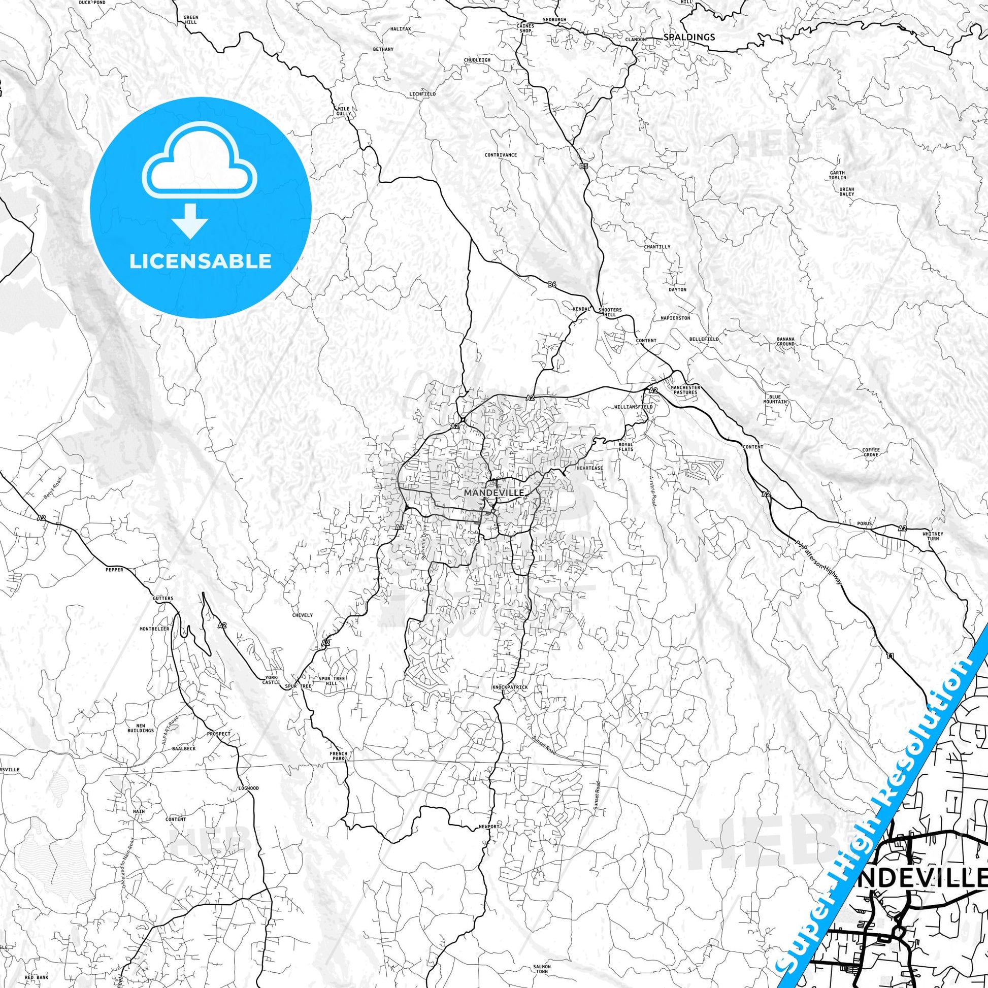 Mandeville, Jamaica light map with streetnames, citynames and districts