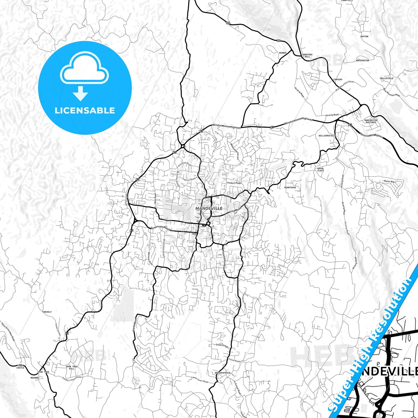 Mandeville, Jamaica Light Map with Street Names, City Names, and Districts