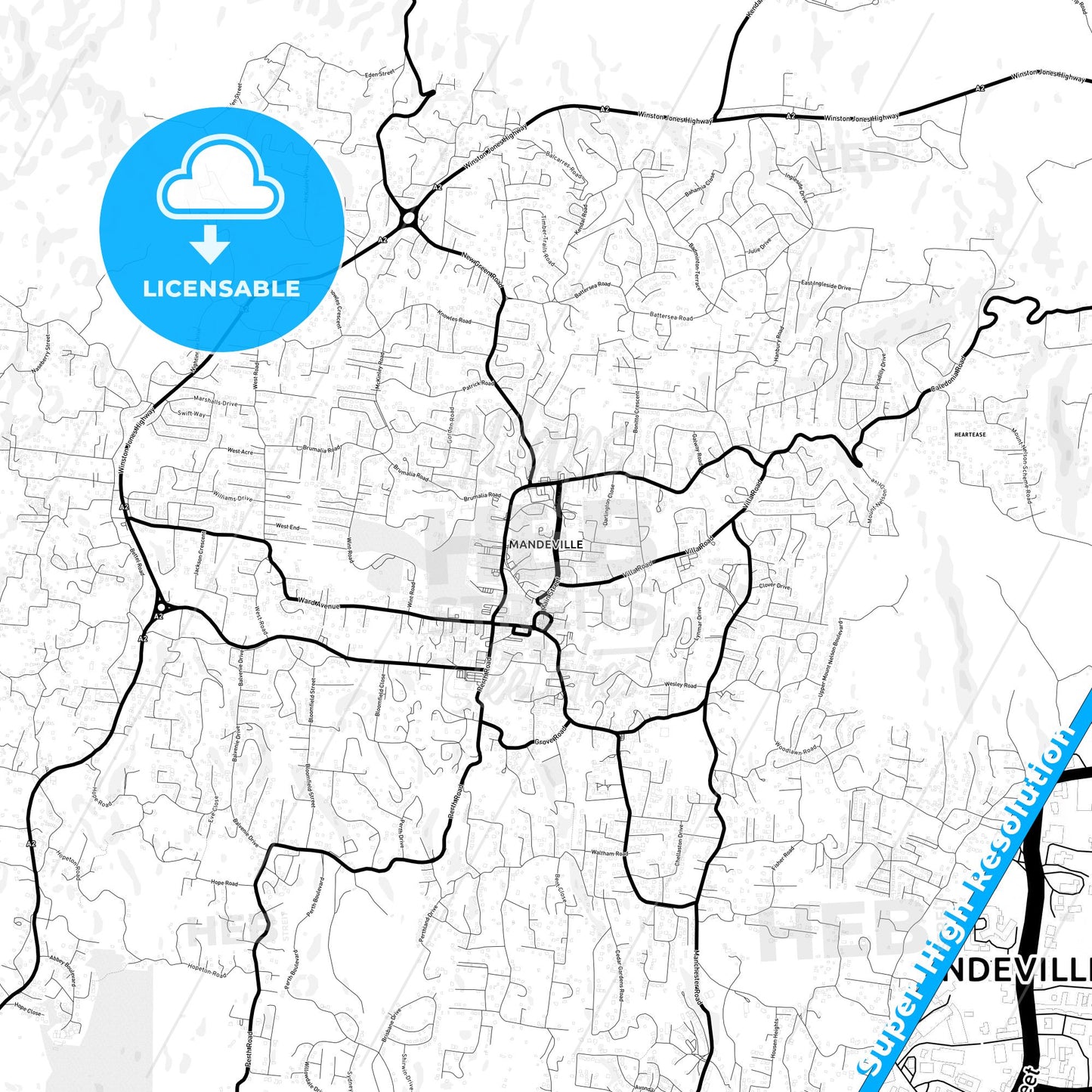 Mandeville, Jamaica Light Map with Street Names, City Names, and Districts