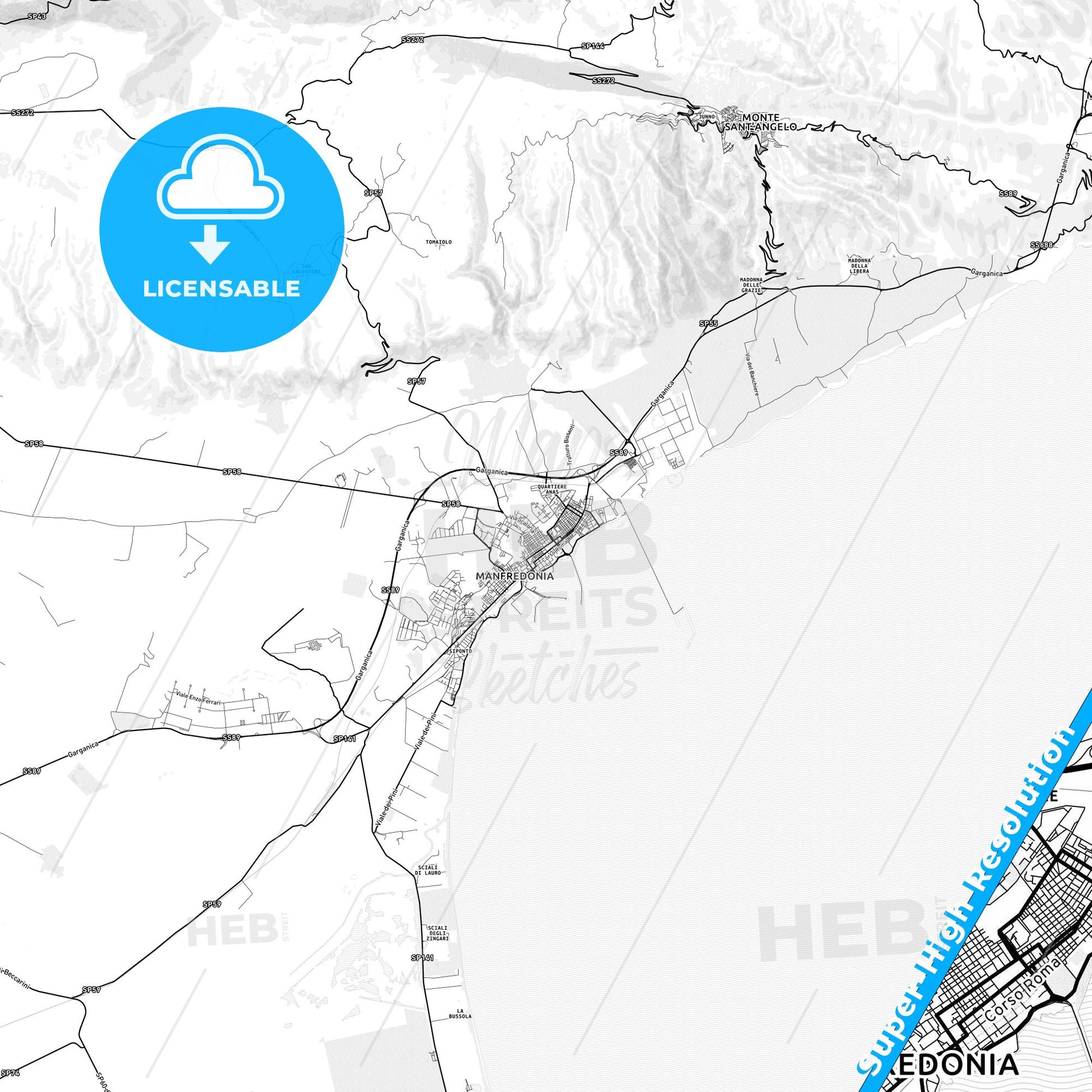 Manfredonia, Italy light map with streetnames, citynames and districts