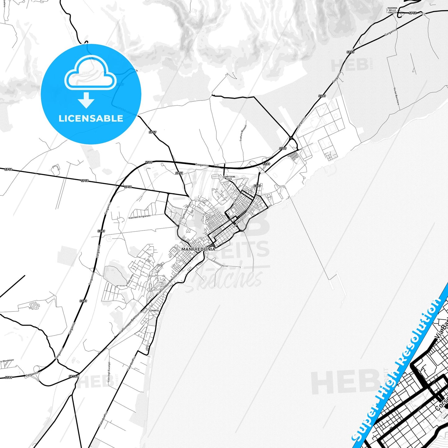 Manfredonia, Italy Light Map with Street Names, City Names, and Districts