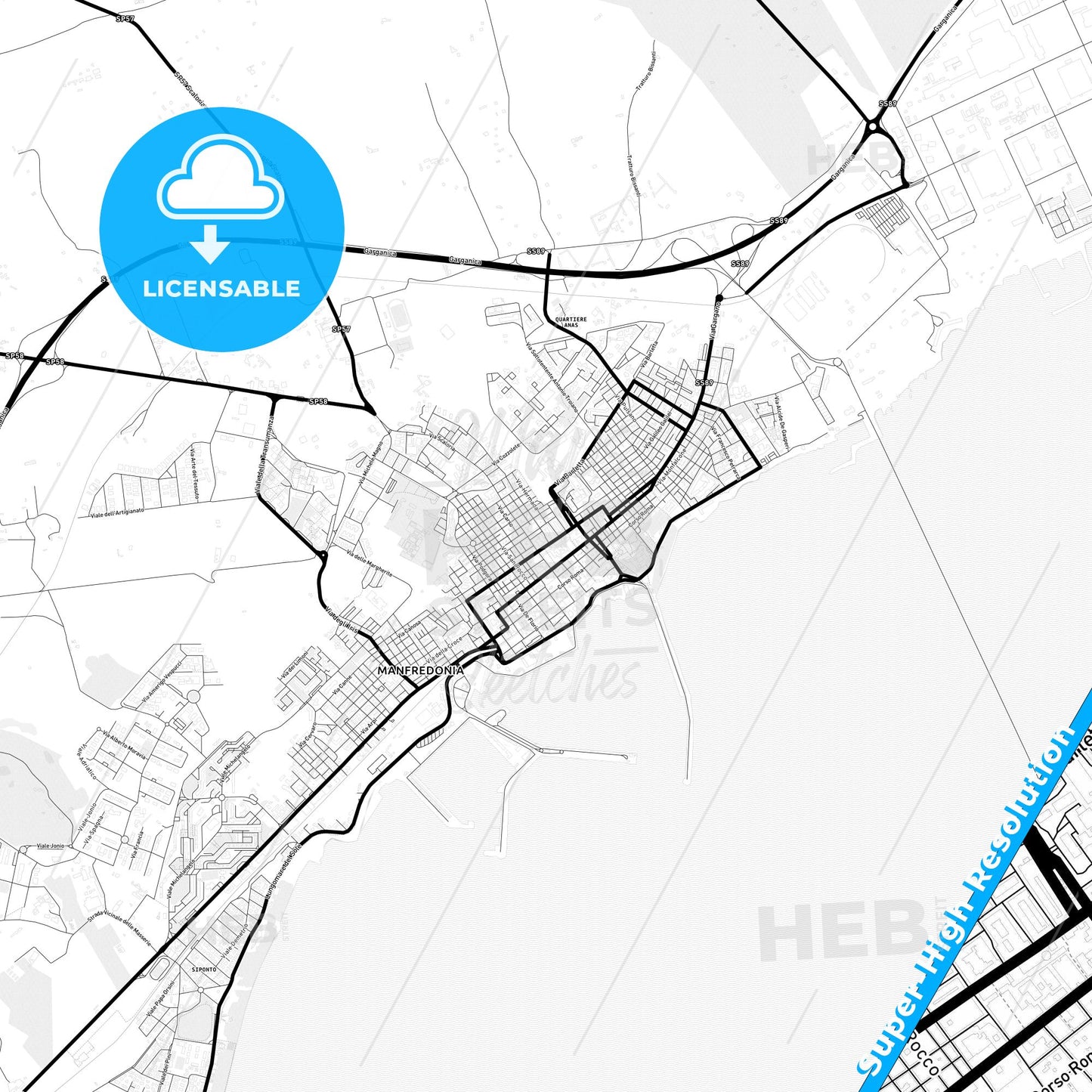 Manfredonia, Italy Light Map with Street Names, City Names, and Districts