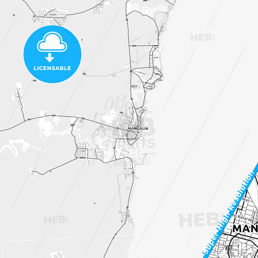 Mangalia, Romania light map with streetnames, citynames and districts